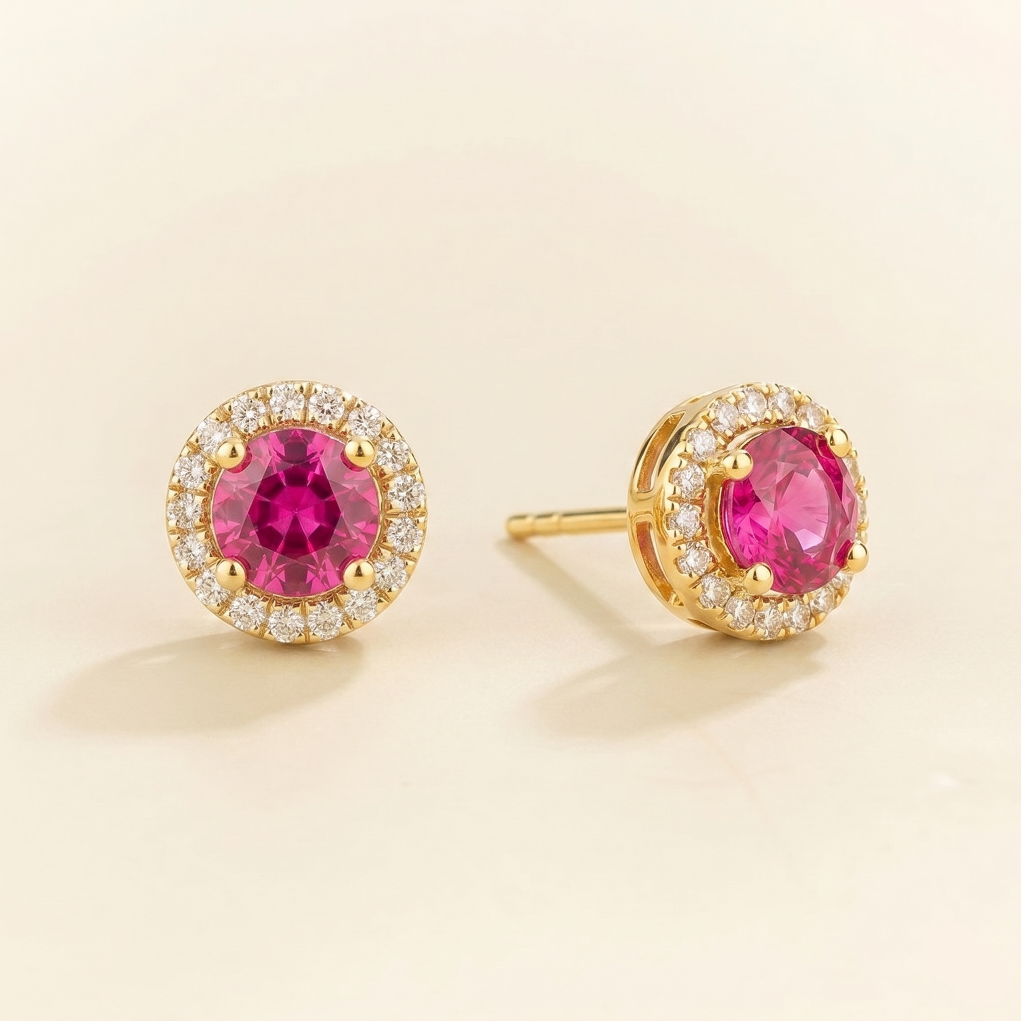 Mars Vivid Pink Sapphire Round & Diamond Halo Earrings In Gold