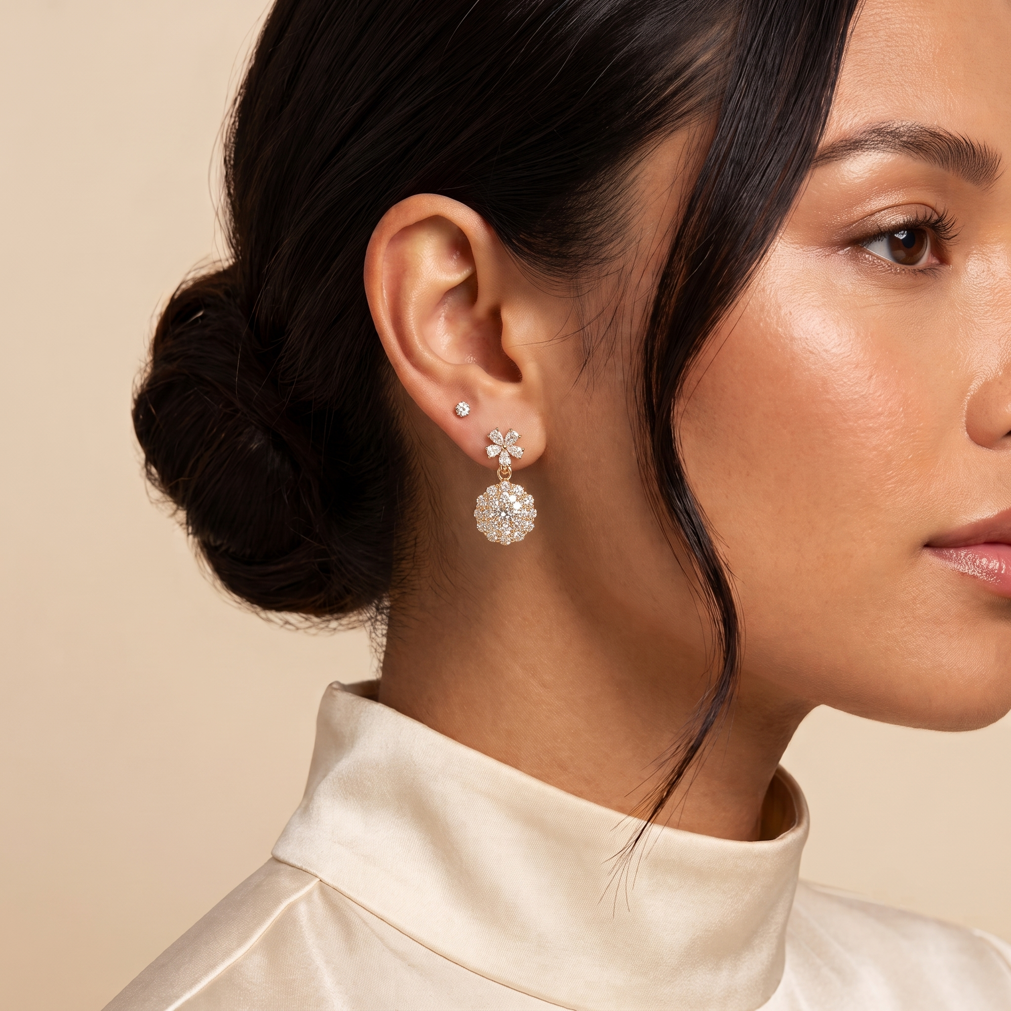 Round-cut Diamond Halo Pendant Earrings with Flower Bail in Gold