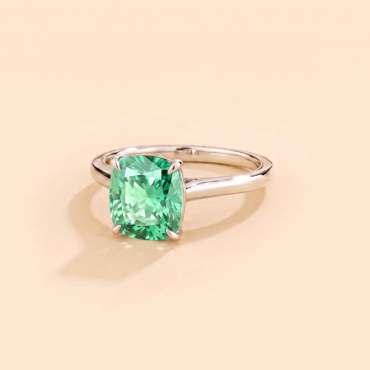 Iris Cushion Shape Green Sapphire Cathedral Solitaire Ring three quarters