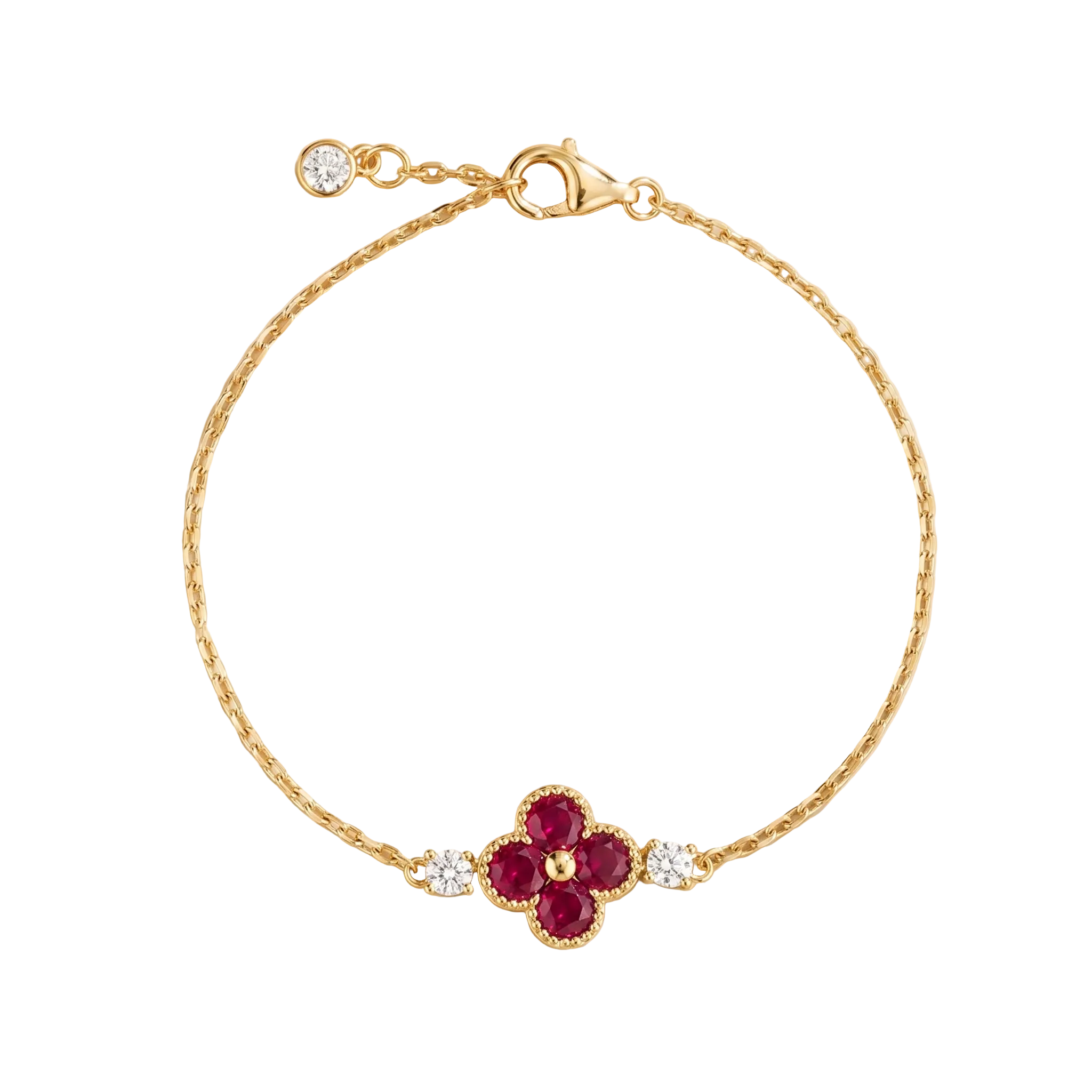 Ruby and Diamond Four-Leaf Clover Chain Bracelet in Gold