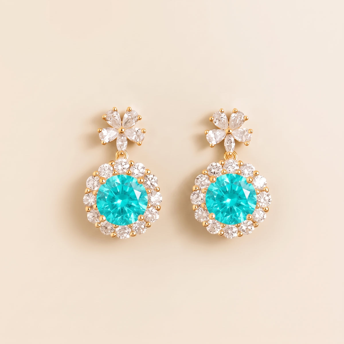 Antoinette Round Paraiba Tourmaline & Diamond Halo Pendant Earrings with Flower Bail front
