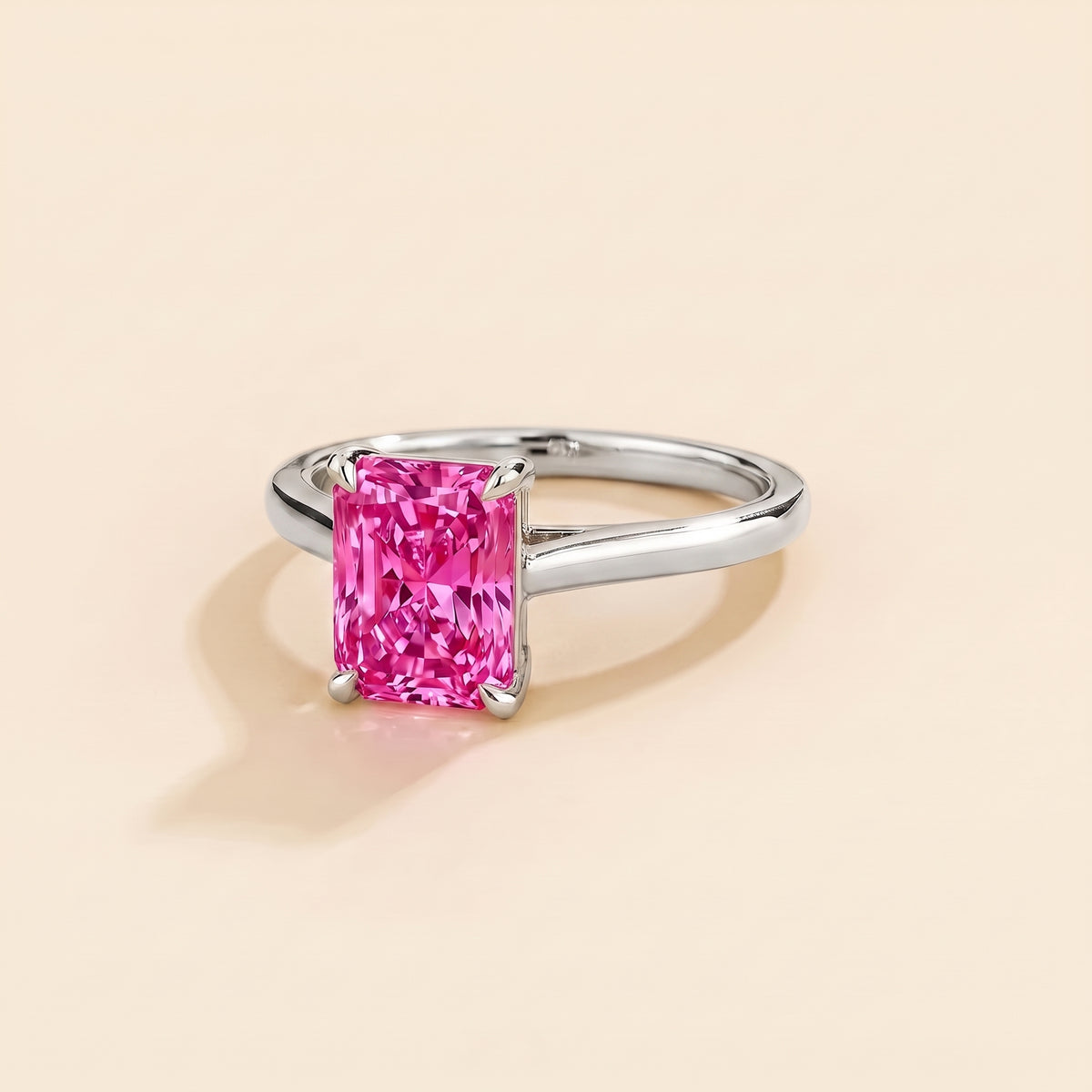 Clair Radiant Shape Vivid Pink Sapphire Cathedral Solitaire Ring three quarters