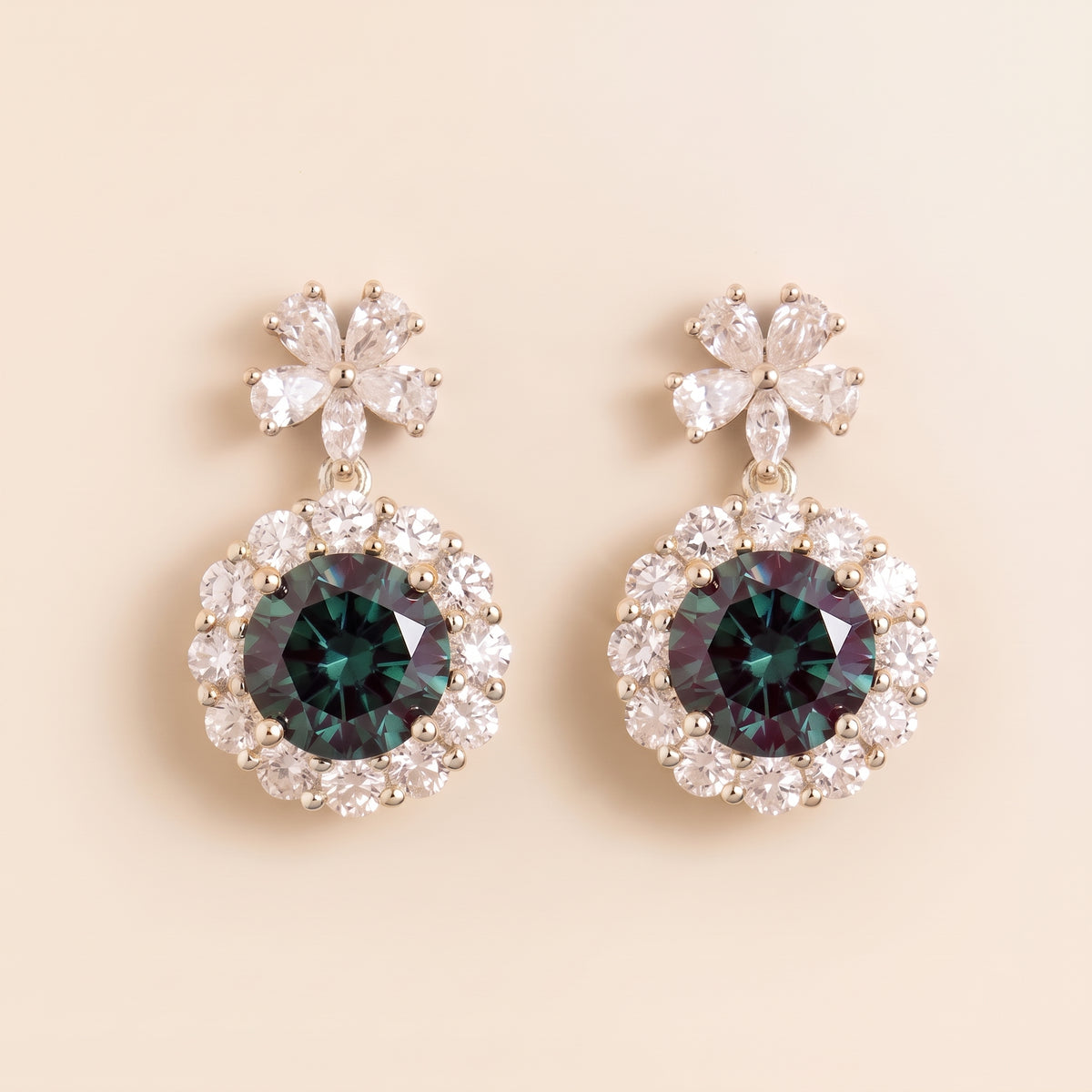 Antoinette Round Alexandite & Diamond Halo Pendant Earrings with Flower Bail front