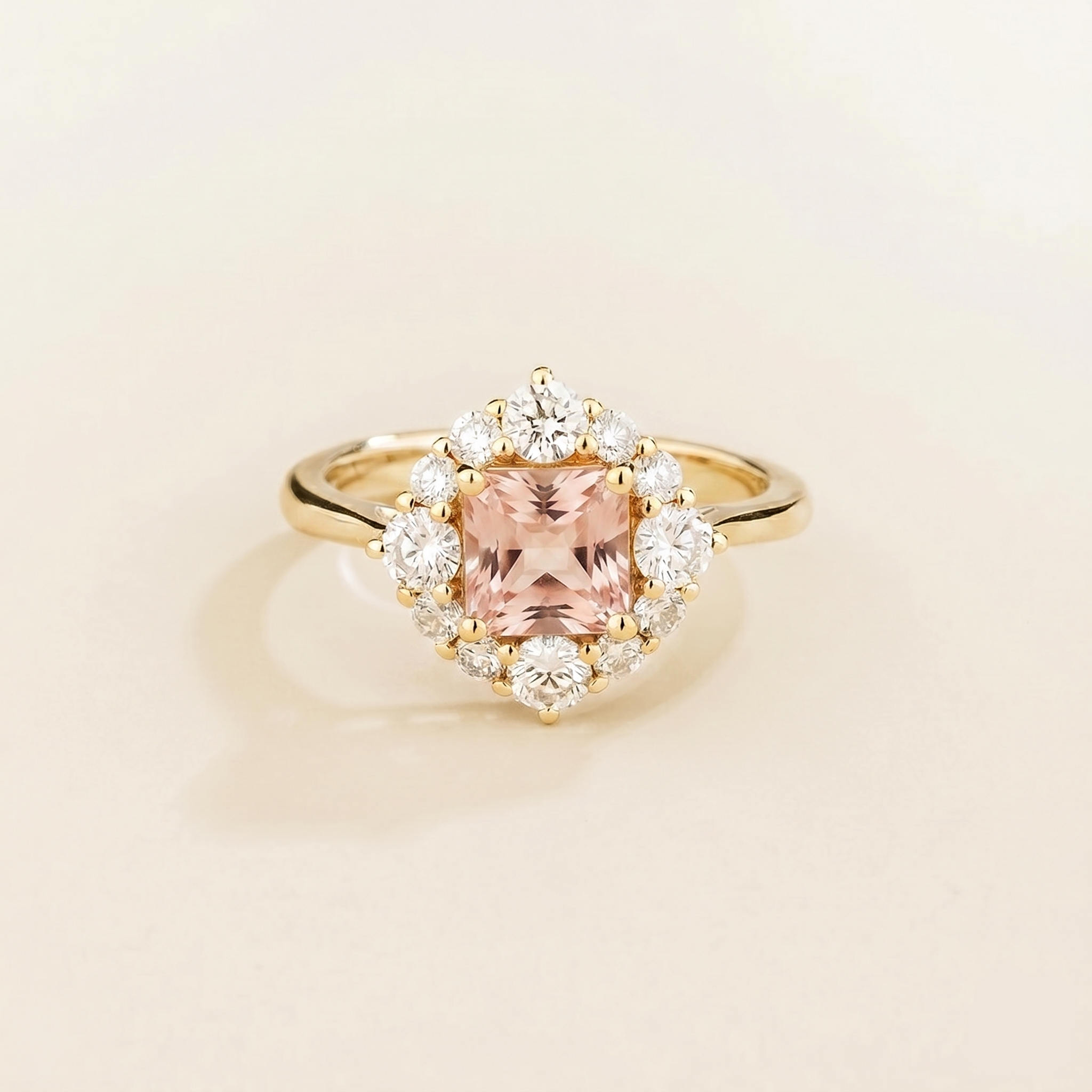 Tuli Morganite Cushion Cut & Diamond Halo Ring in Gold