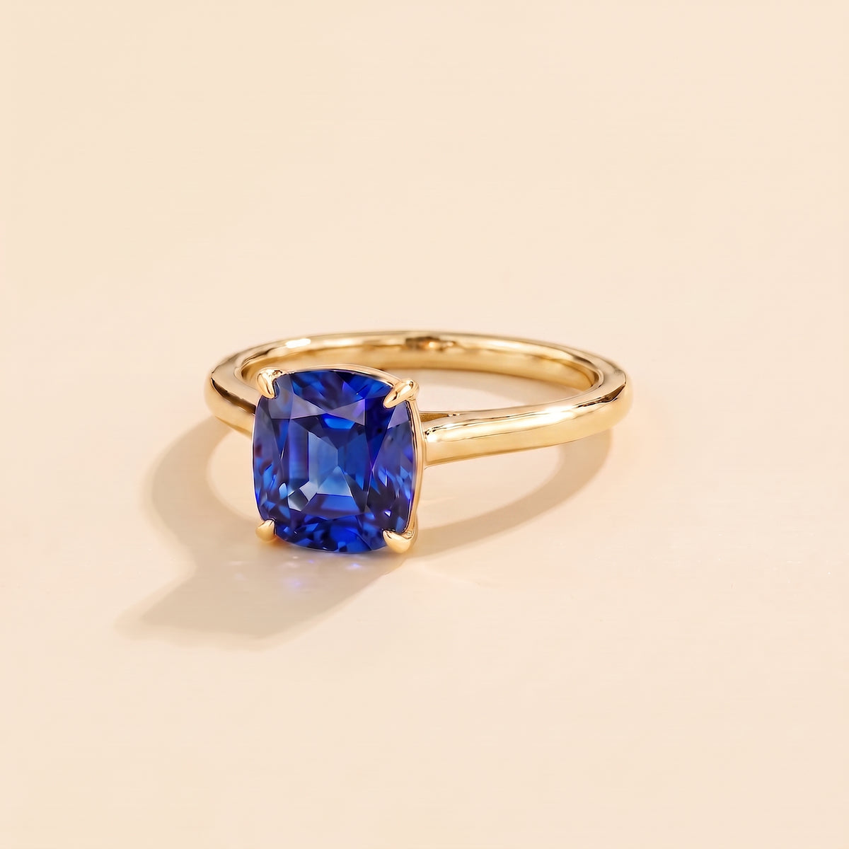 Iris Cushion Shape Blue Sapphire Cathedral Solitaire Ring three quarter