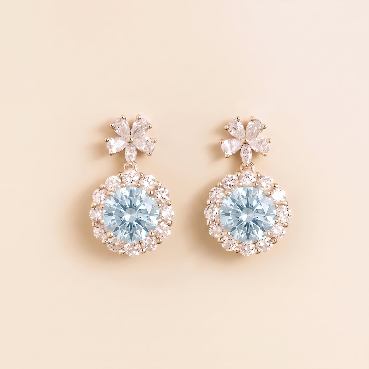 Antoinette Round Aquamarine & Diamond Halo Pendant Earrings with Flower Bail front