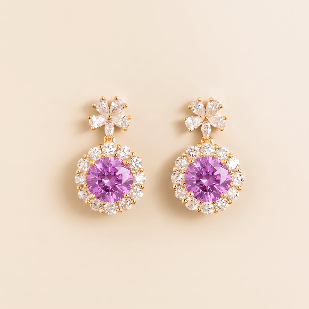 Antoinette Round Purple Sapphire & Diamond Halo Pendant Earrings with Flower Bail front