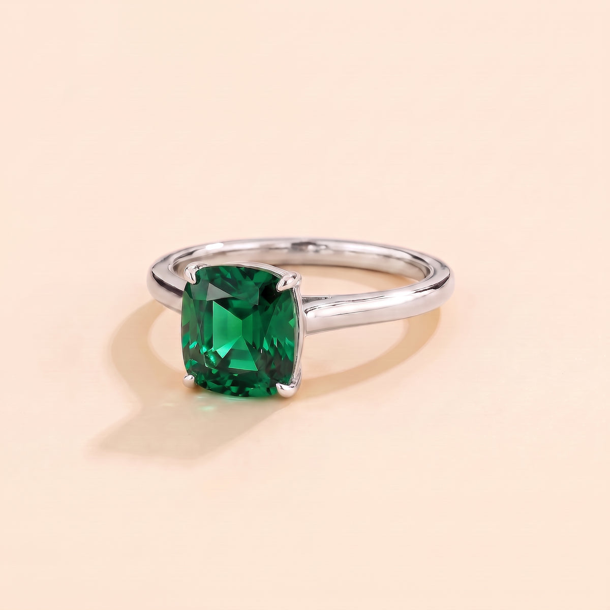 Iris Cushion Shape Emerald Cathedral Solitaire Ring three quarter