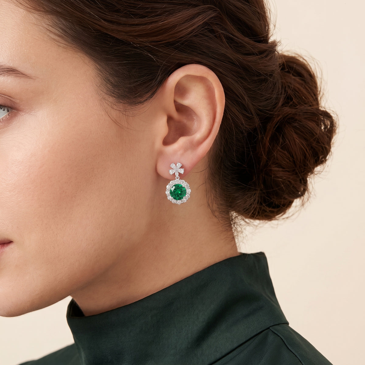 Round-cut Emerald & Diamond Halo Pendant Earrings with Flower Bail in White Gold