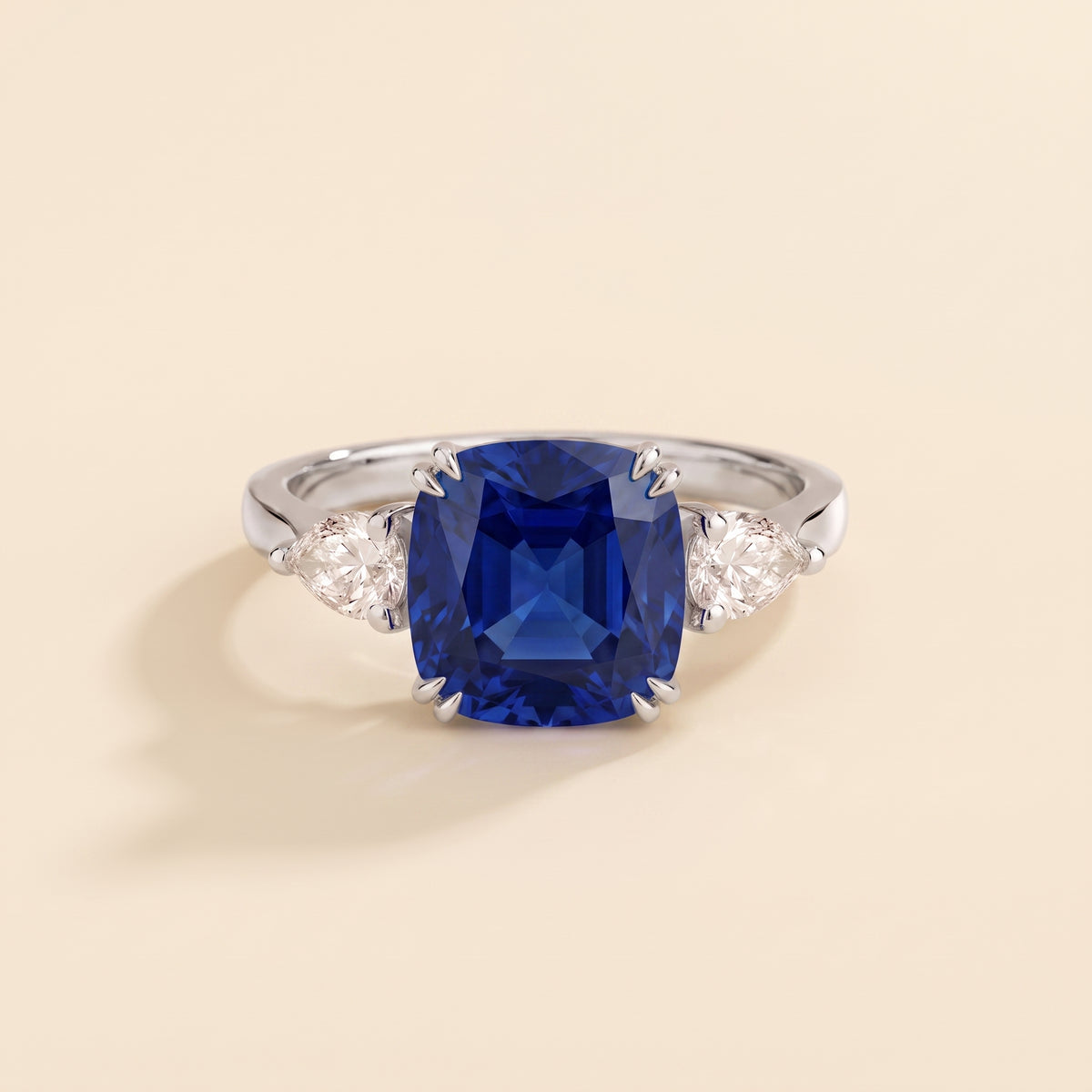Roue Blue Sapphire Cushion Cut & Diamond Pear Cut White Gold Ring front