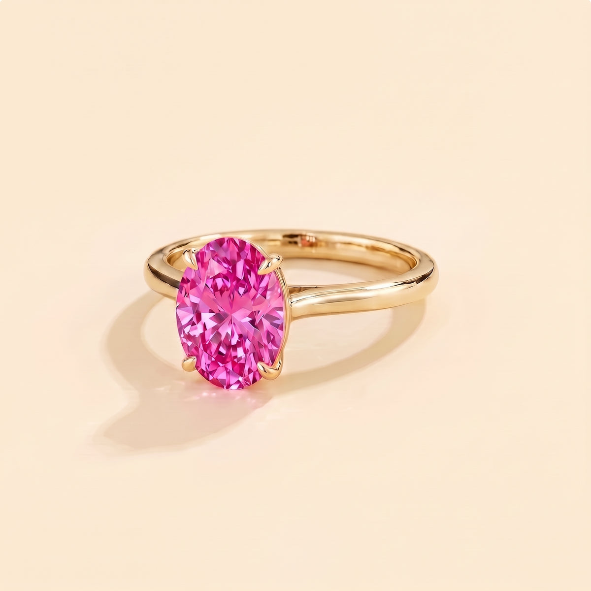 Lyra Oval Shape Vivid Pink Sapphire Cathedral Solitaire Ring three quarter