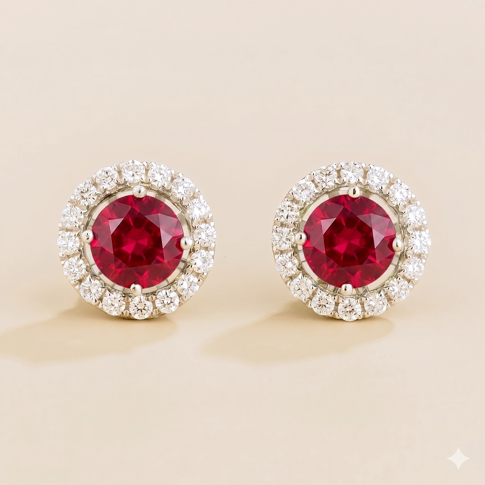 Floret Ruby Round & Diamond Halo Stud Earrings in White Gold