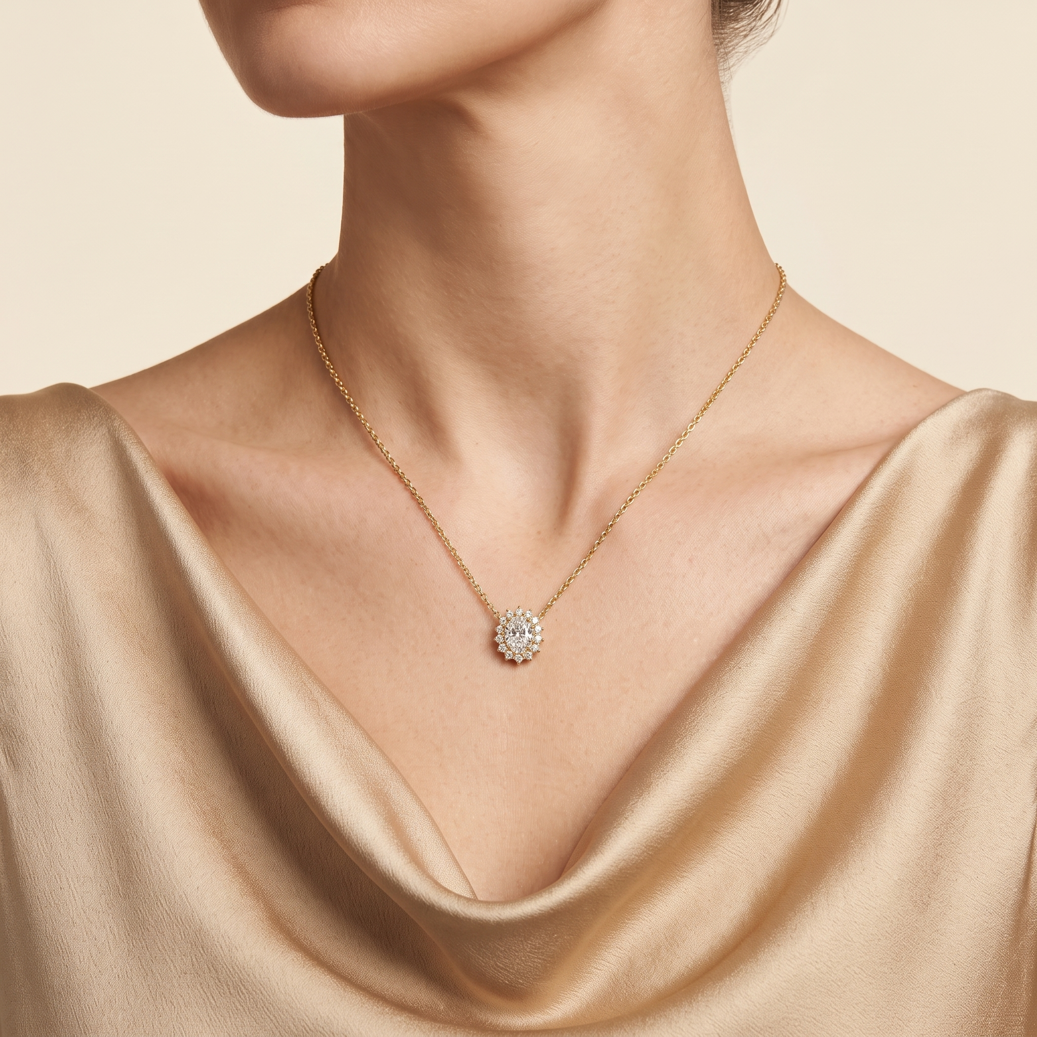A model is wearing Divo Diamond Halo Gold Necklace by Juvetti London