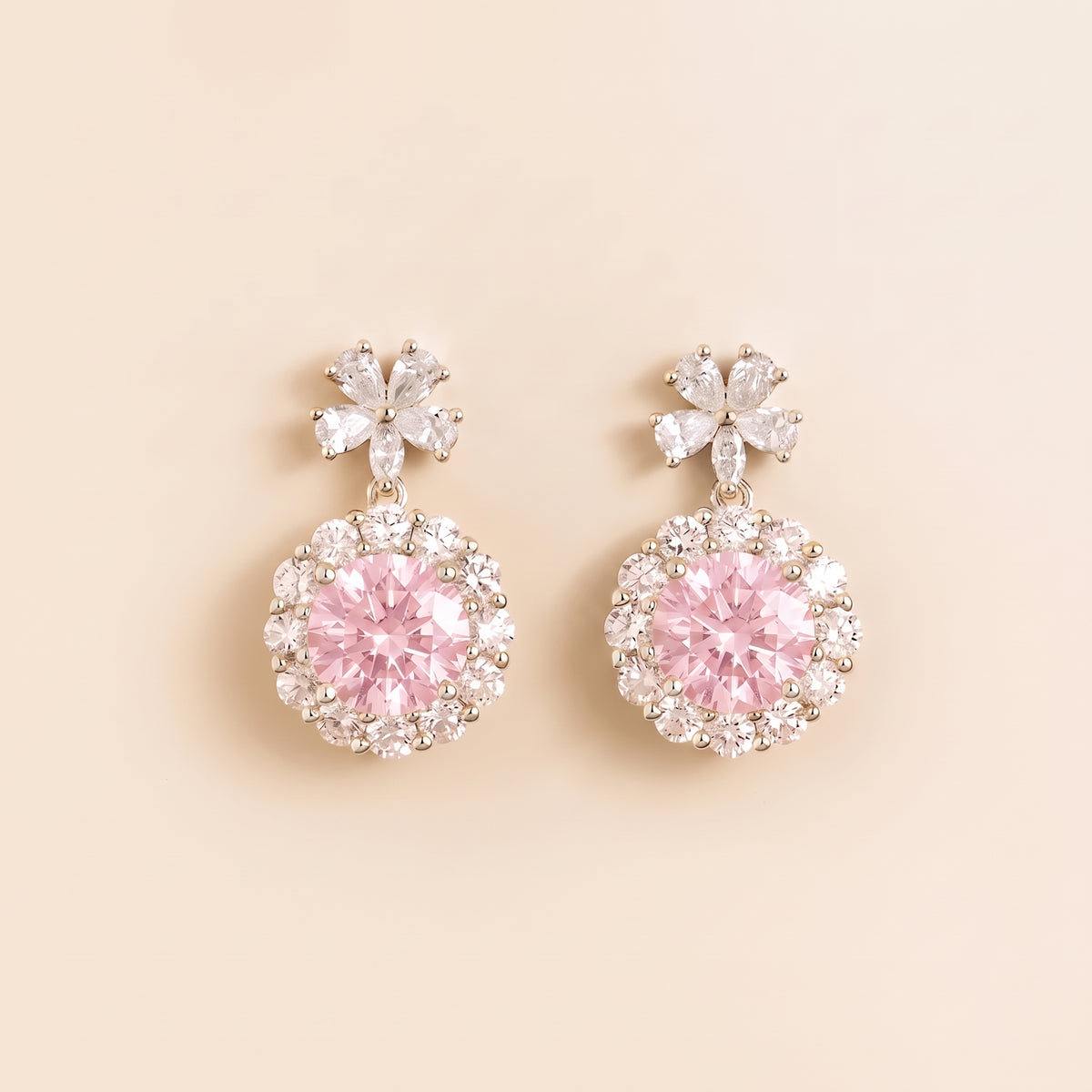 Antoinette Round Pastel Pink Sapphire & Diamond Halo Pendant Earrings with Flower Bail front