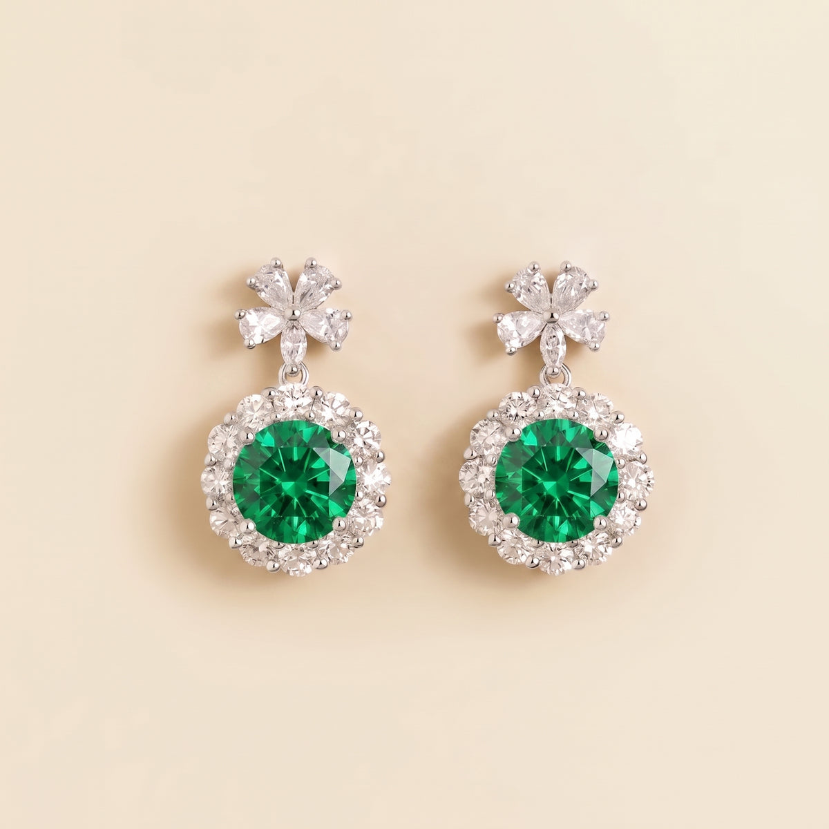Round Emerald Halo Pendant Earrings with Flower Bail in White Gold
