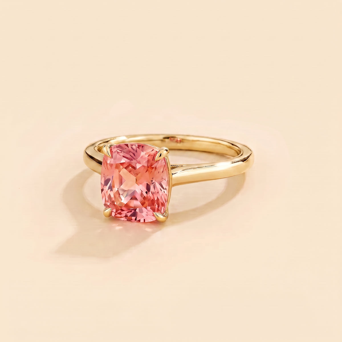 Iris Cushion Shape Padparadscha Sapphire Cathedral Solitaire Ring three quarter