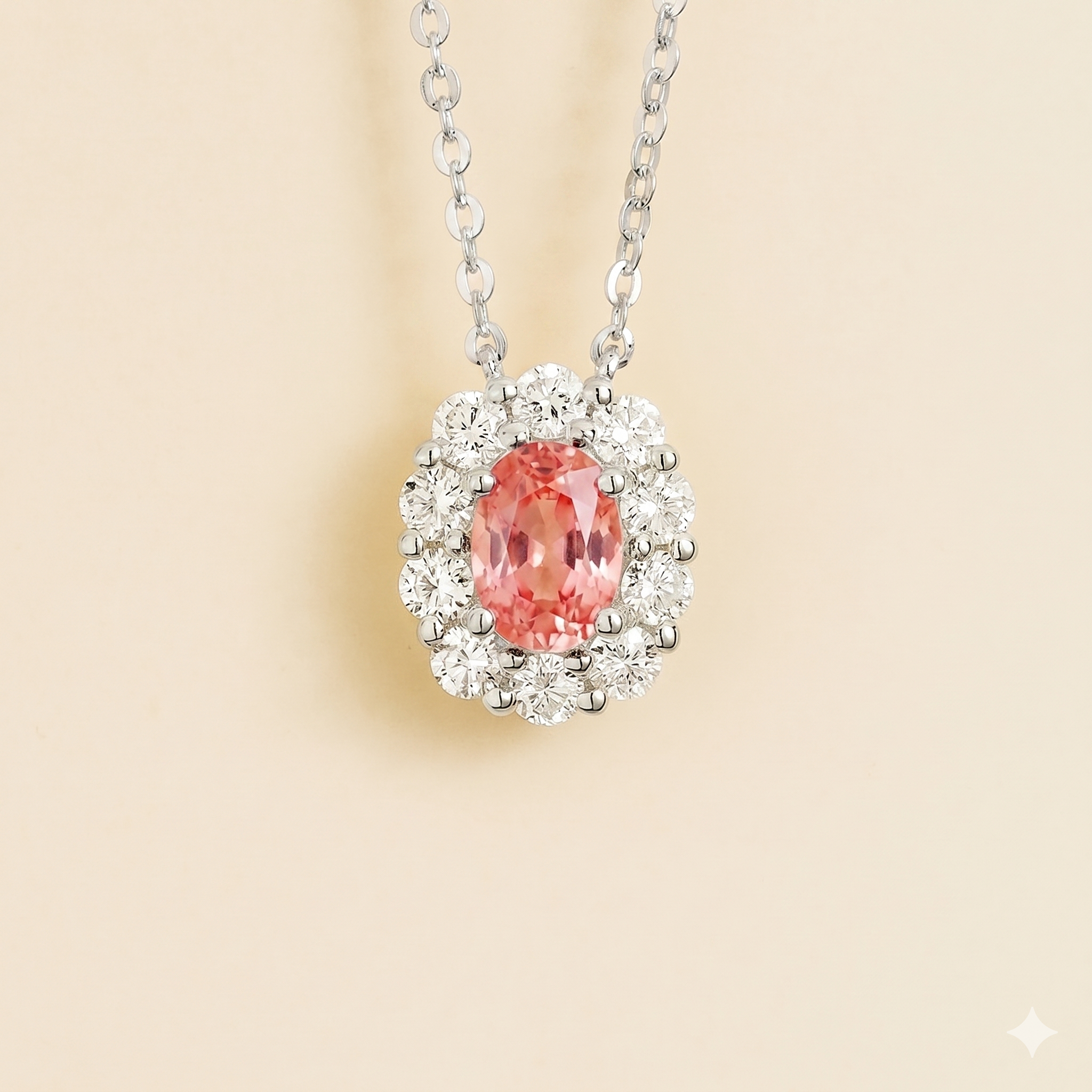 Prill Padparadscha Sapphire Oval & Diamond Halo Necklace In White Gold