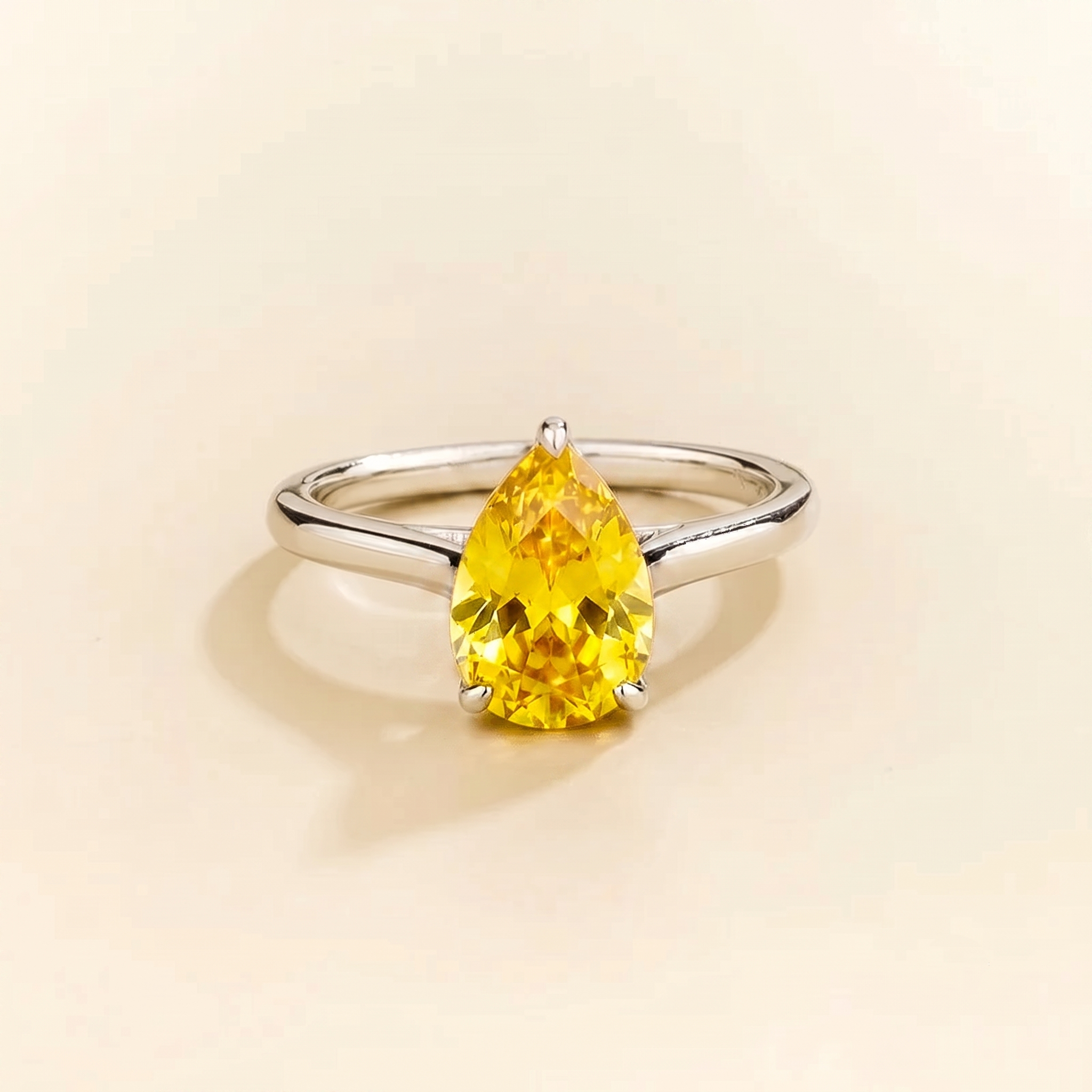 Pandal Pear Shape Yellow Sapphire Cathedral Solitaire Ring in white gold