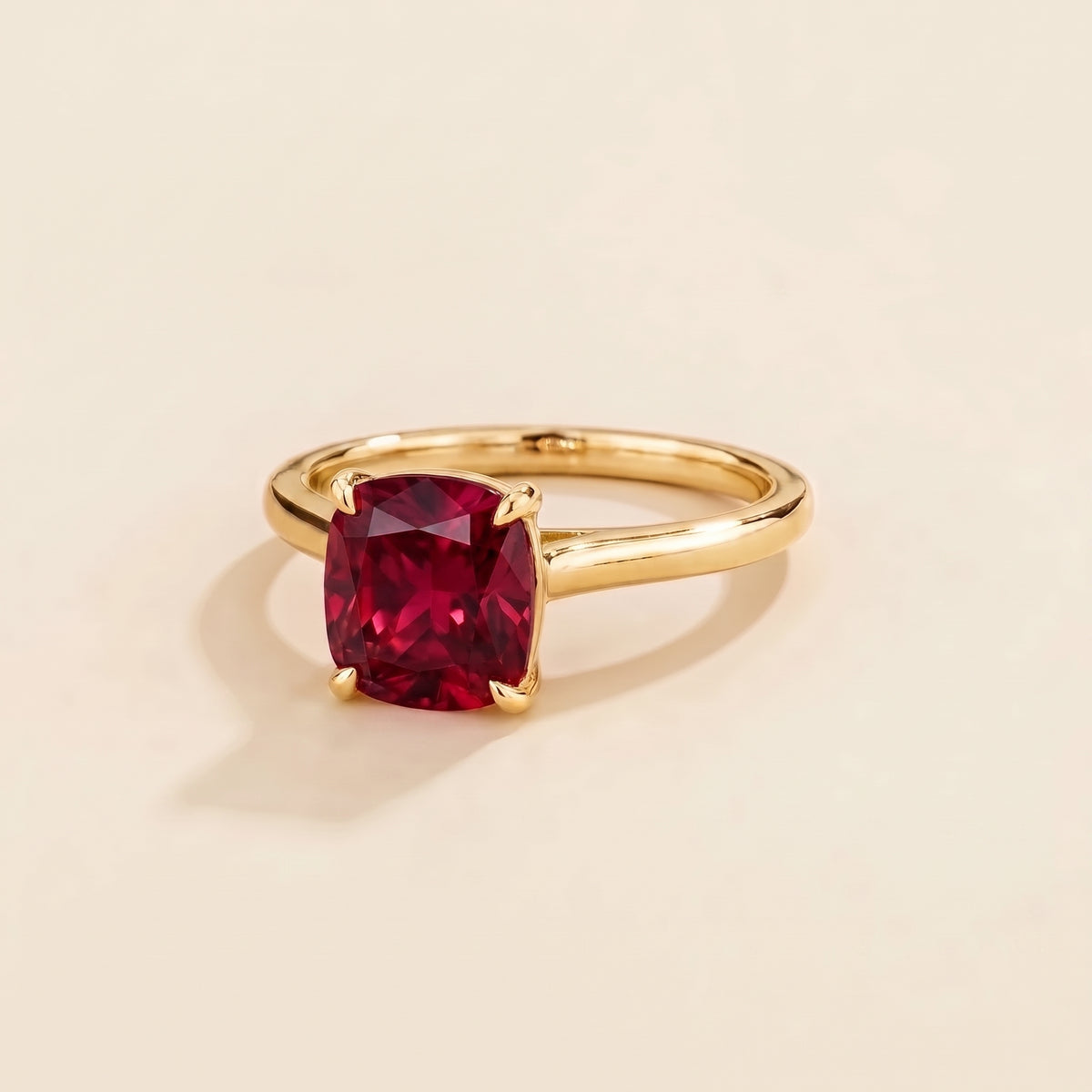 Iris Cushion Shape Ruby Cathedral Solitaire Ring three quarter