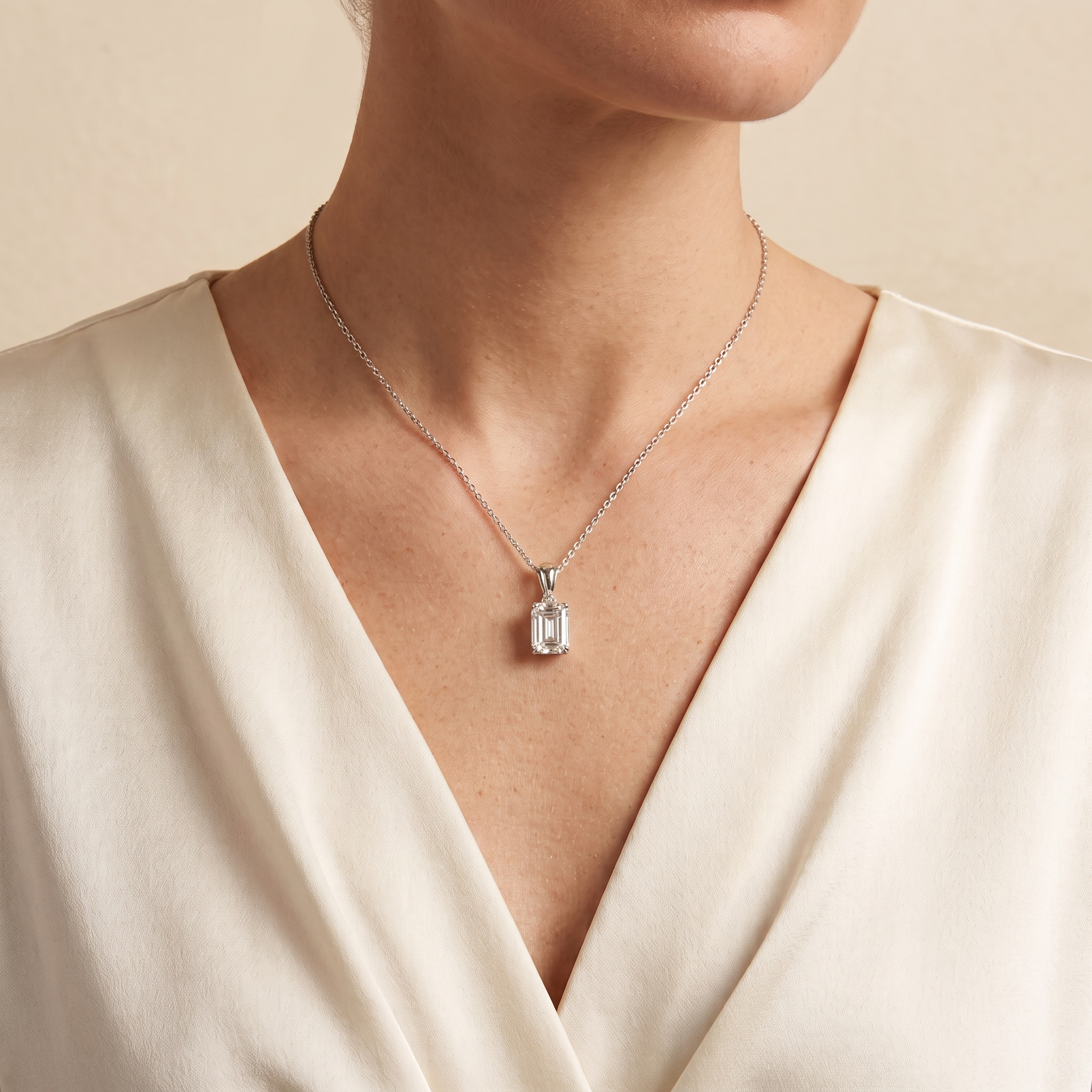 Emerald-cut Diamond Pendant Necklace in White Gold