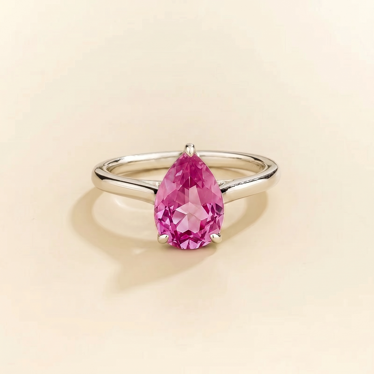 Pandal Pear Shape Pink Sapphire Cathedral Solitaire Ring in White gold