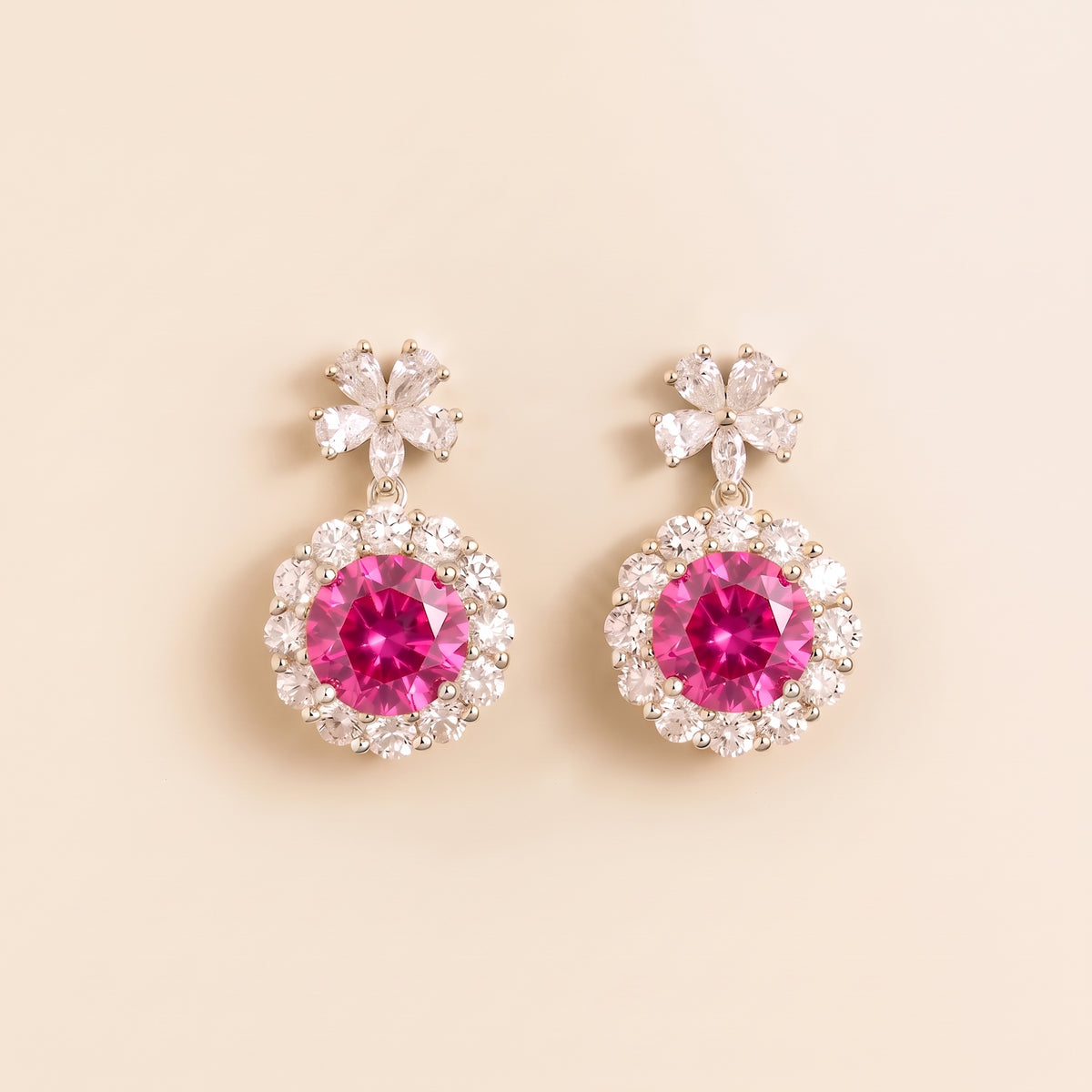 Antoinette Round Vivid Pink Sapphire & Diamond Halo Pendant Earrings with Flower Bail front