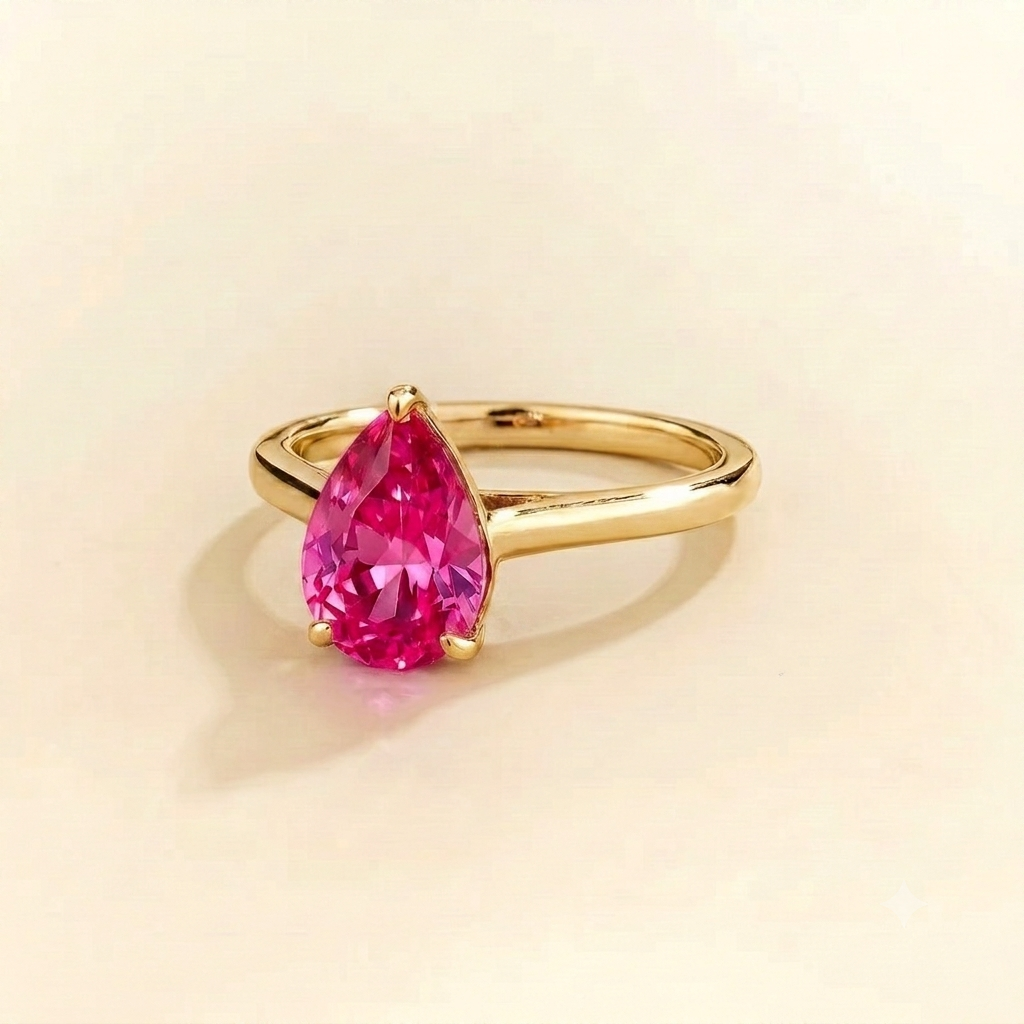 Pandal Pear Shape Vivid Pink Sapphire Cathedral Solitaire Ring three quarter