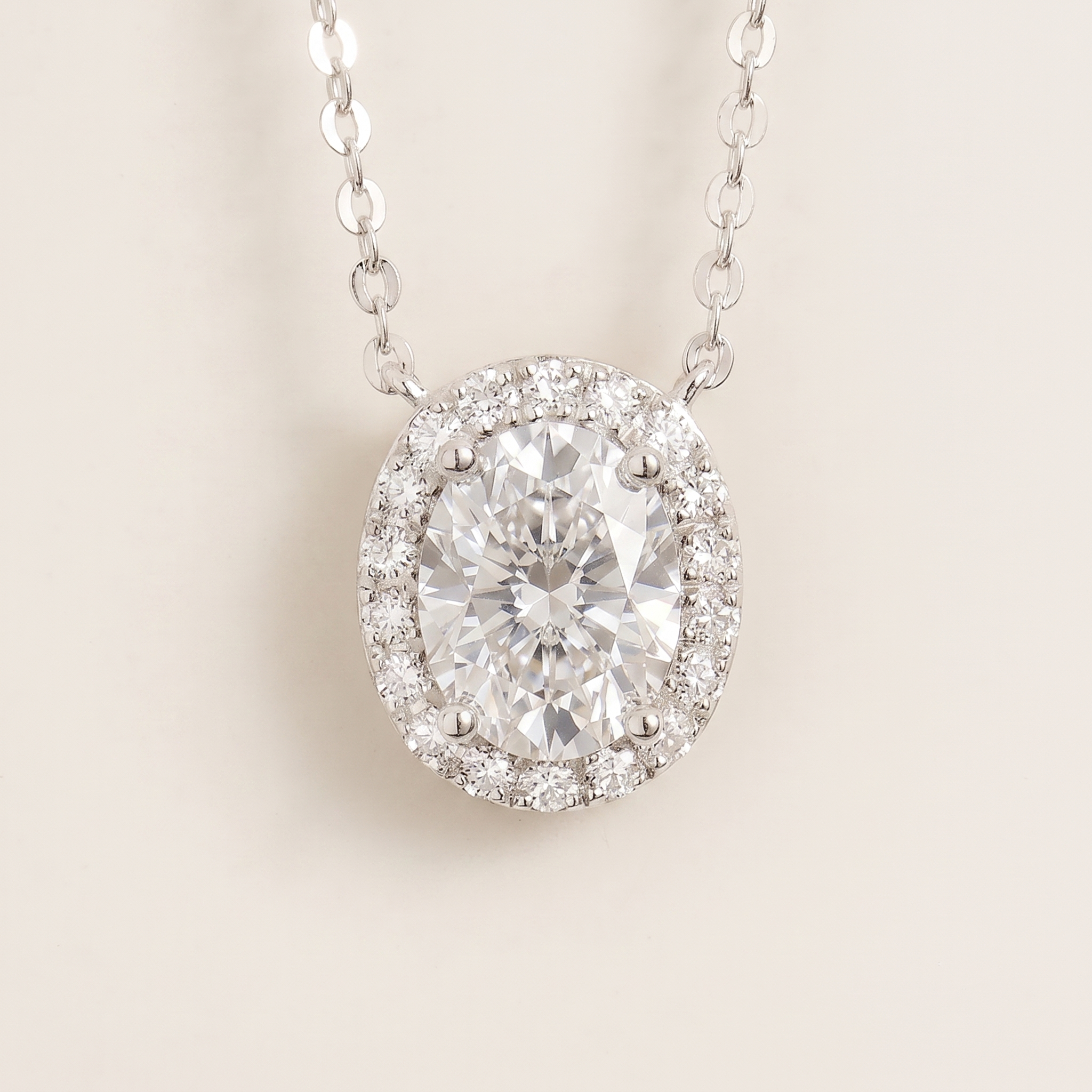 Oval lab-grown diamond and diamond halo Mina necklace in white gold | Juvetti London