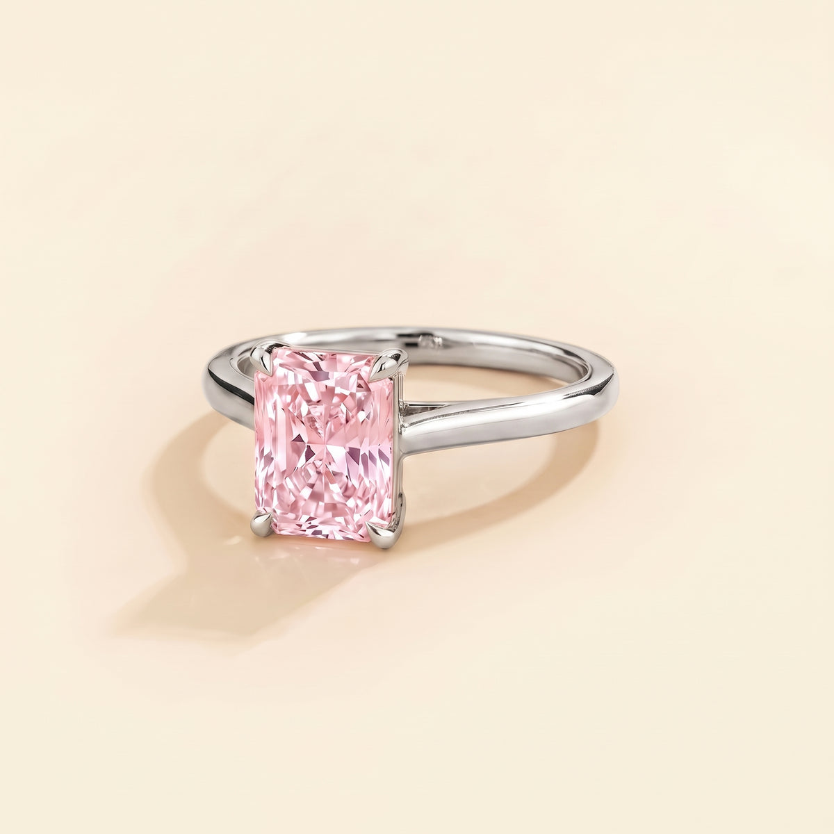 Clair Radiant Shape Pastel Pink Sapphire Cathedral Solitaire Ring three quarters