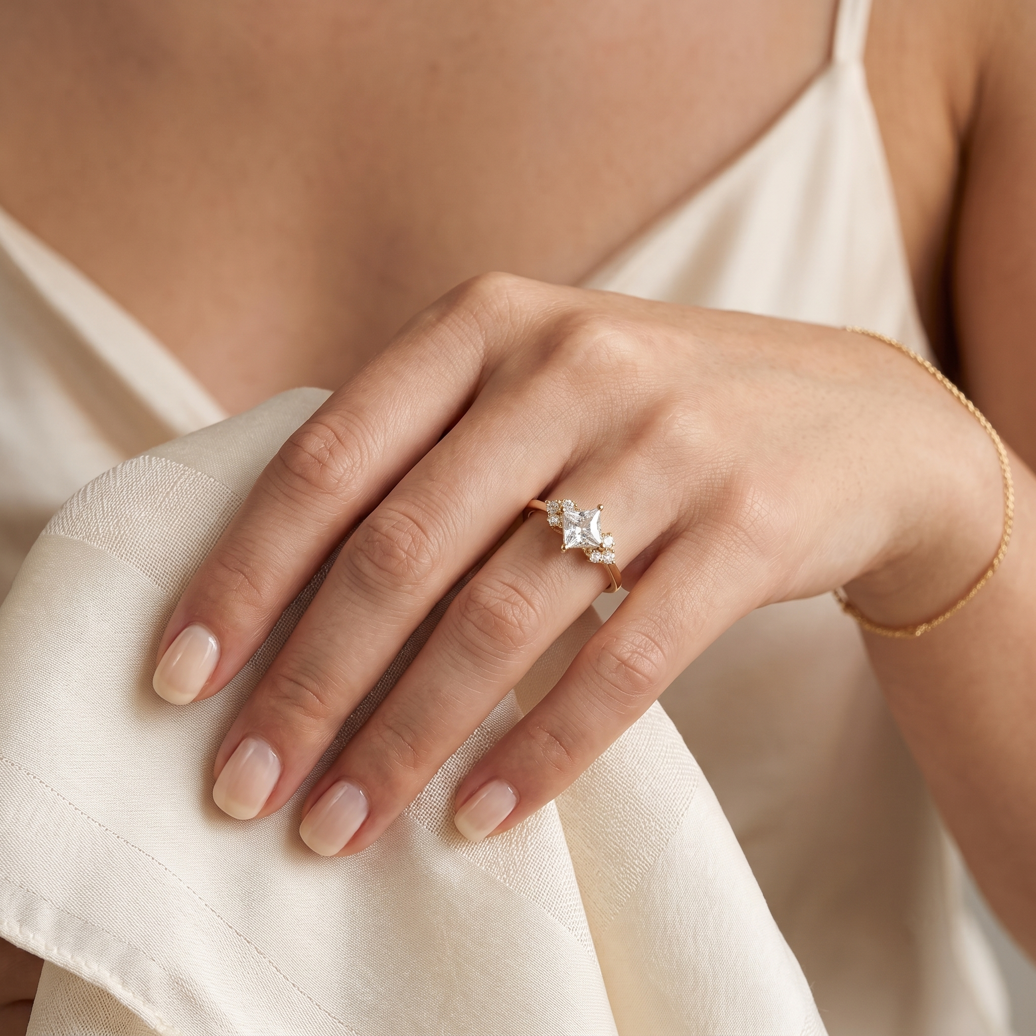 A model is wearing Amore Diamond Princess-Cut Ring in Gold