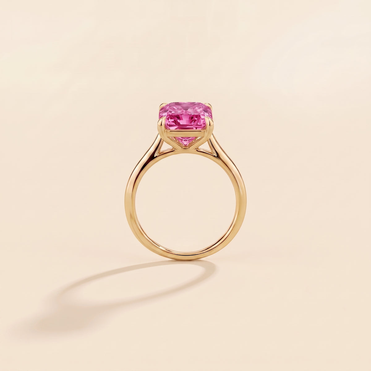 Clair Radiant Shape Vivid Pink Sapphire Cathedral Solitaire Ring side profile