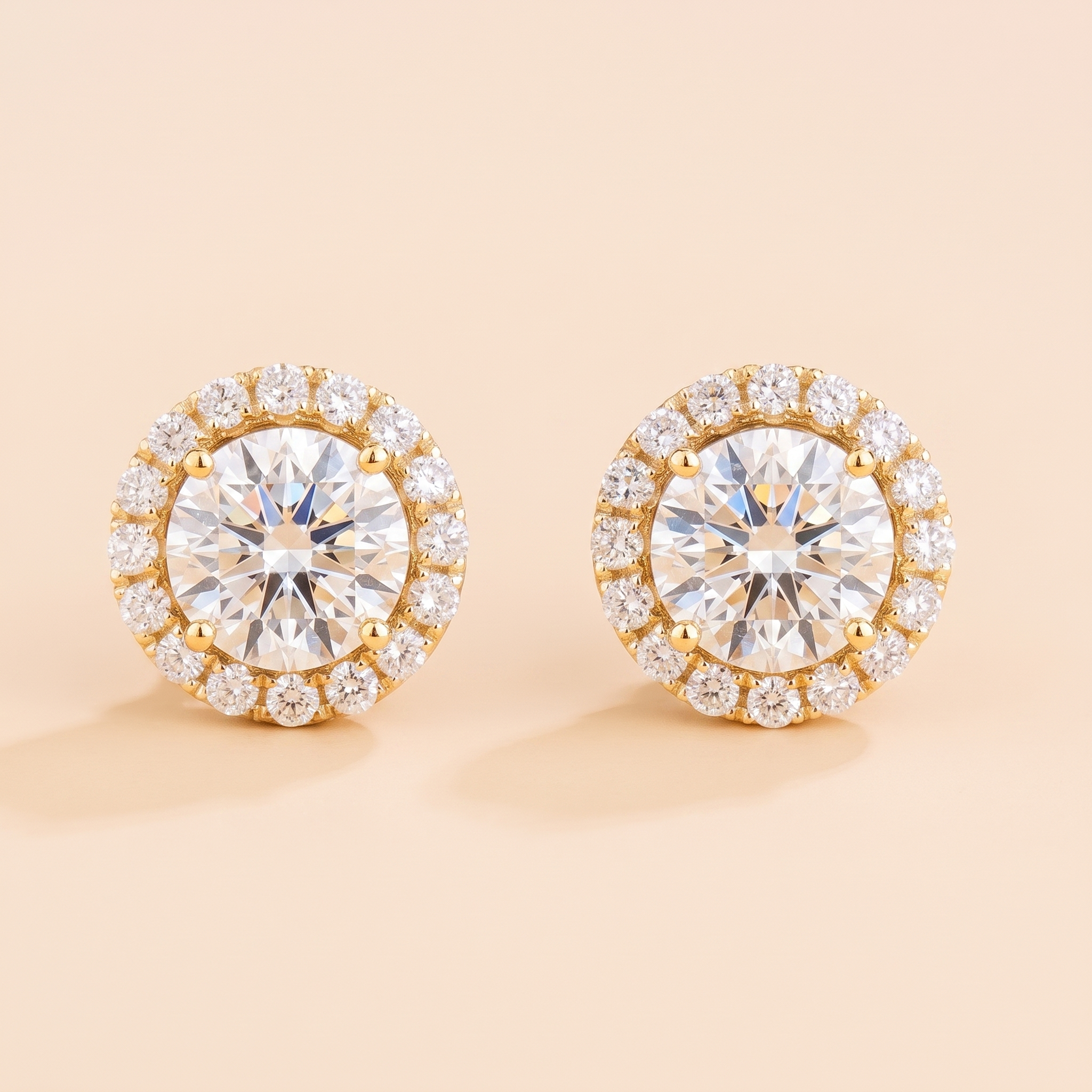 Round lab-grown diamond halo stud earrings, Floret design in gold | Juvetti London