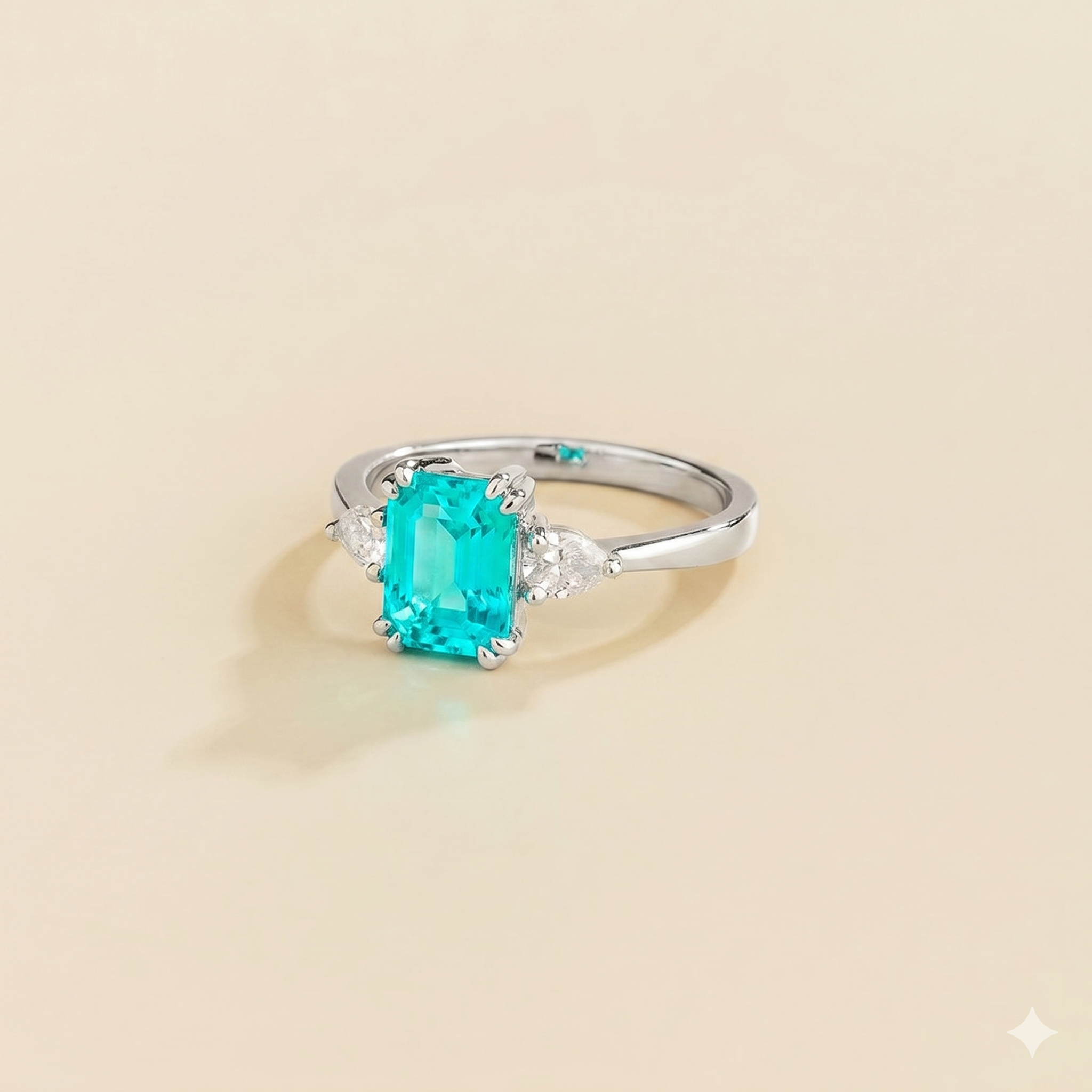 Ailes Paraiba Emerald-Cut Ring with Pear Side Diamonds in White Gold
