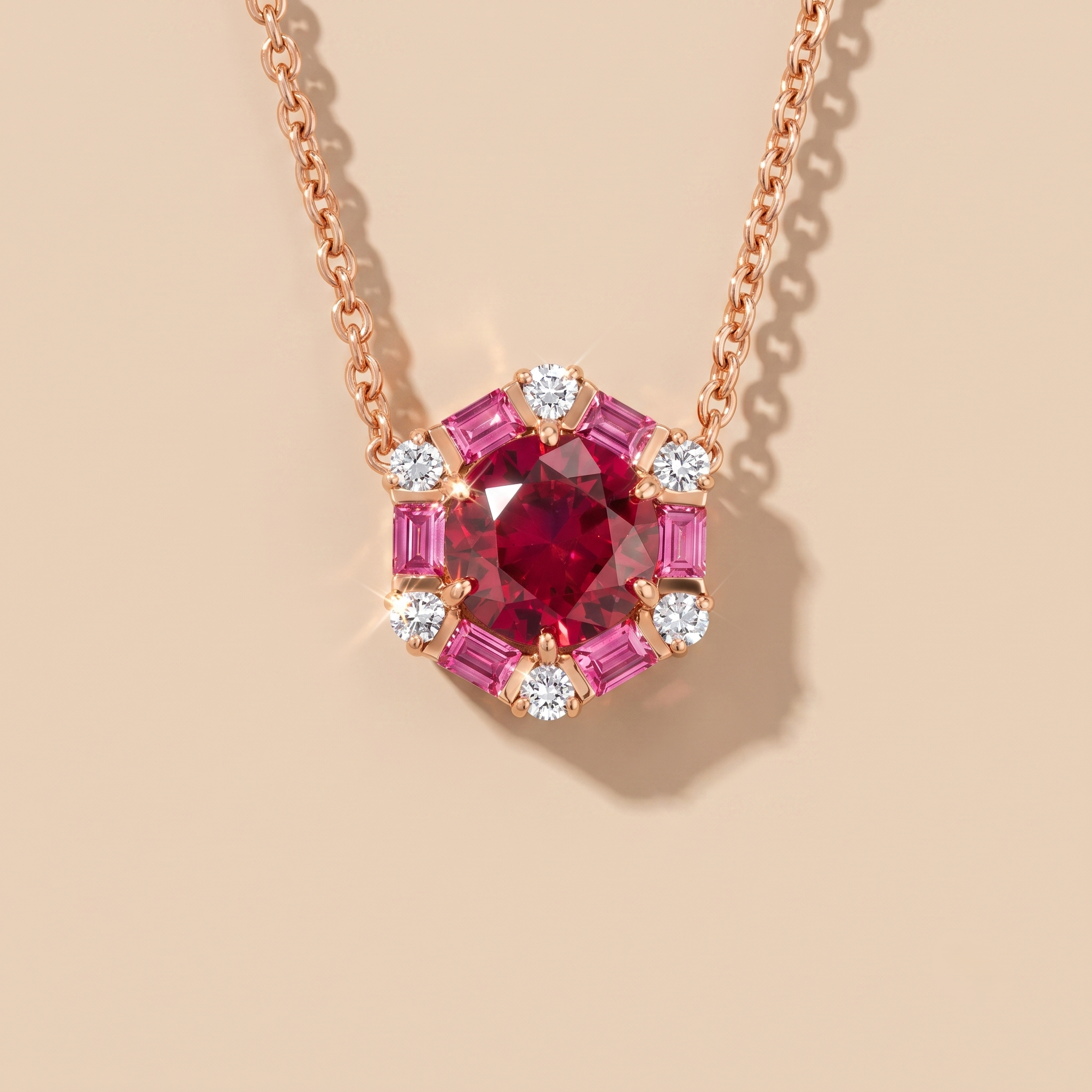 Hexagon halo lab-grown ruby, pink sapphire and diamond pendant necklace, Melba design in rose gold | Juvetti London