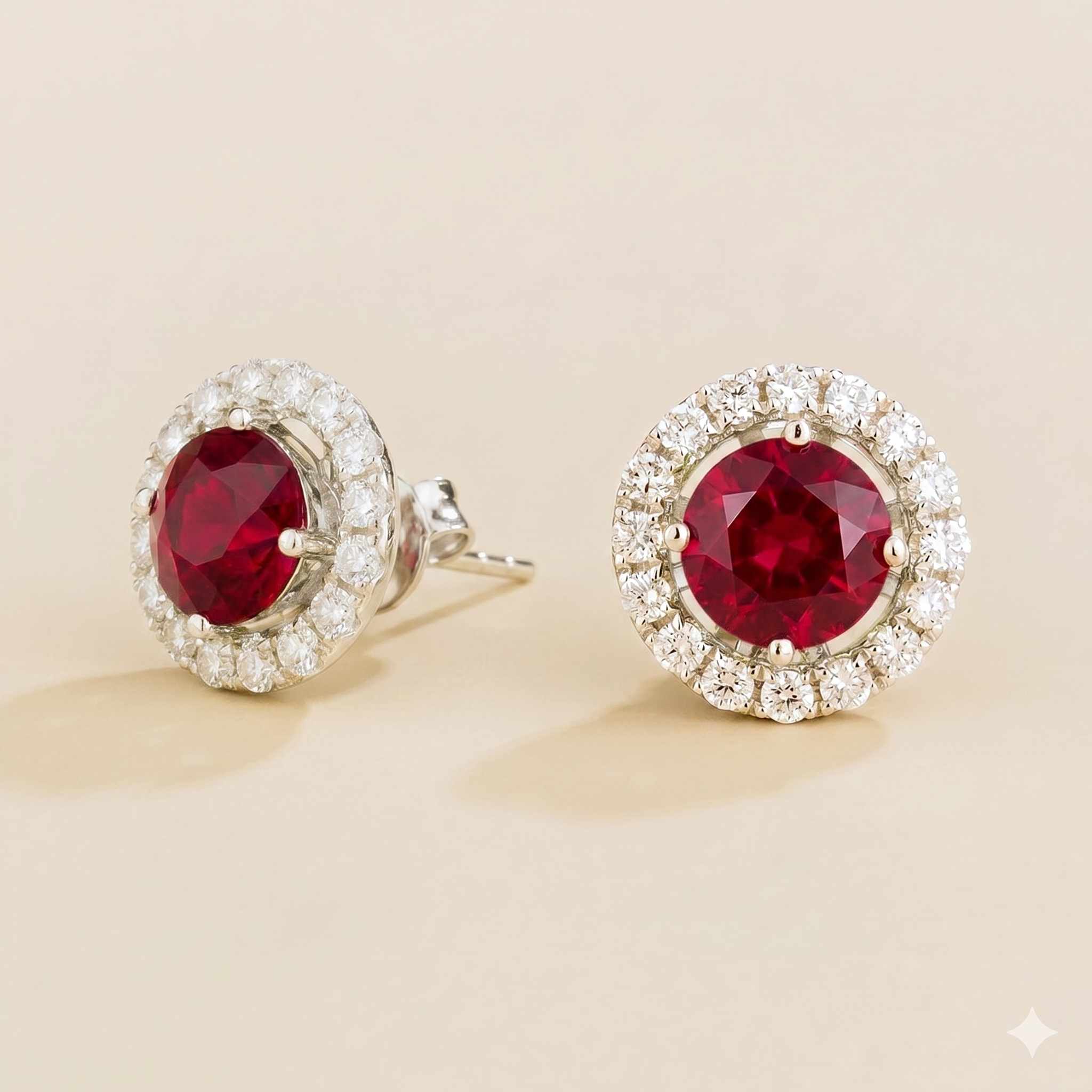 Floret Ruby Round & Diamond Halo Stud Earrings in White Gold