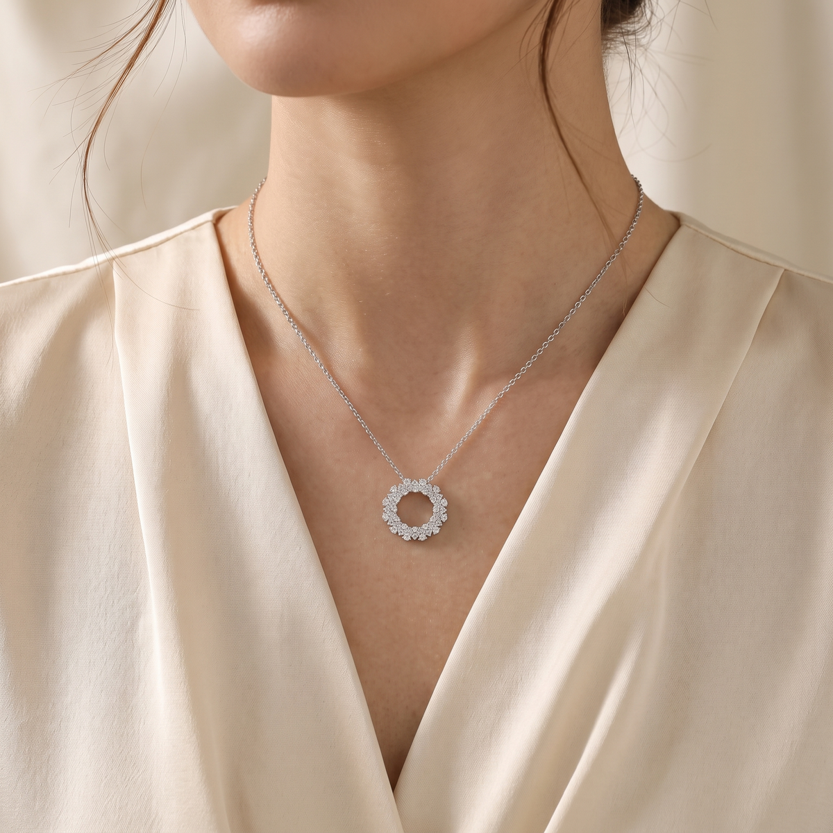 Radiant-cut Diamond Circle Pendant Necklace in White Gold