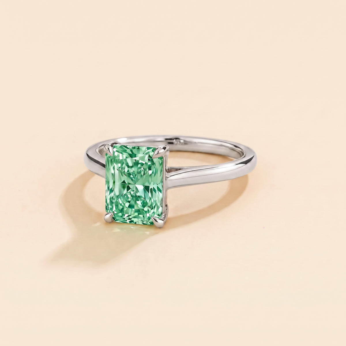 Clair Radiant Shape Green Sapphire Cathedral Solitaire Ring three quarters