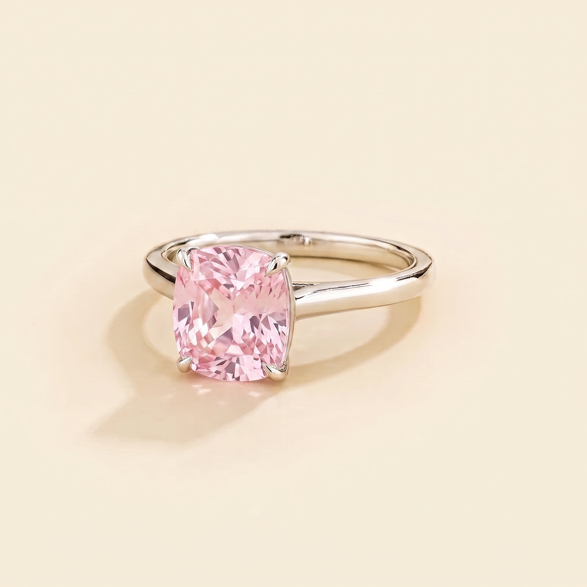 Iris Cushion Shape Pastel Pink Sapphire Cathedral Solitaire Ring three quarter