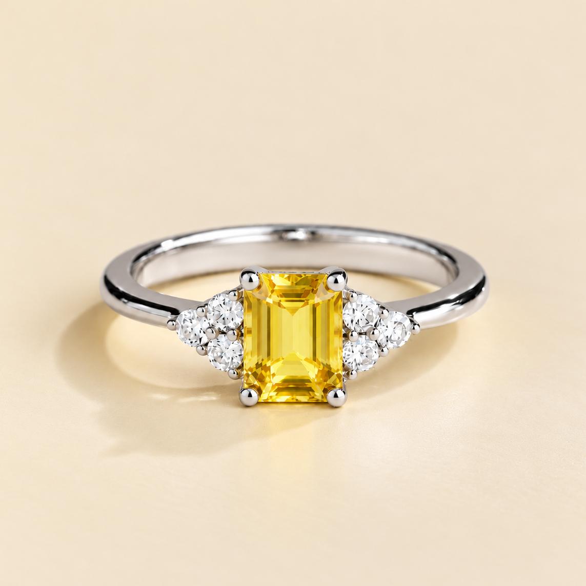 Emerald-cut lab-grown yellow sapphire and diamond Chateau ring in white gold | Juvetti London
