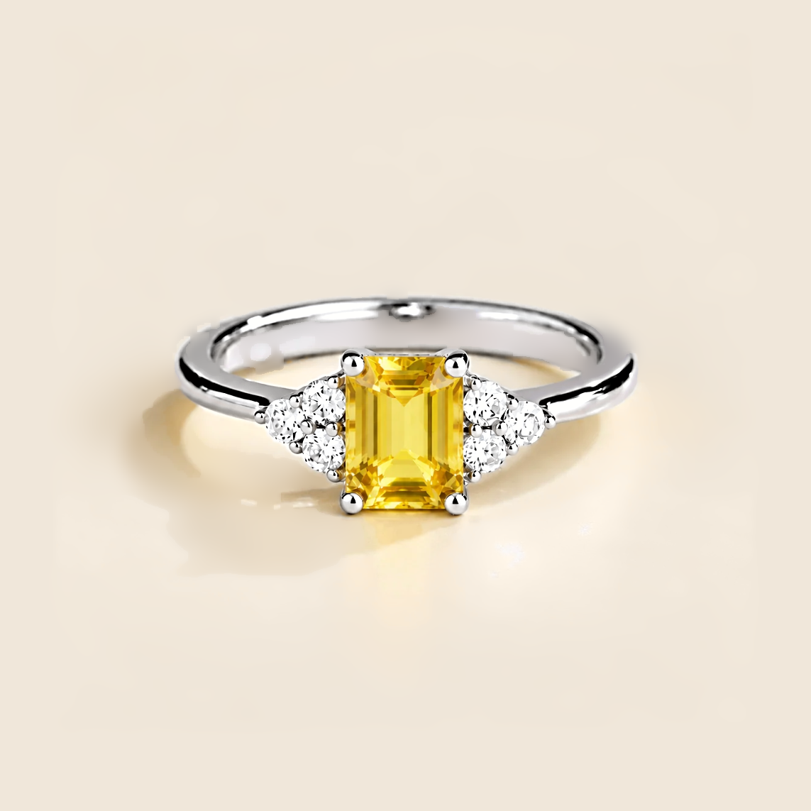 Emerald-cut lab-grown yellow sapphire and diamond Chateau ring in white gold | Juvetti London