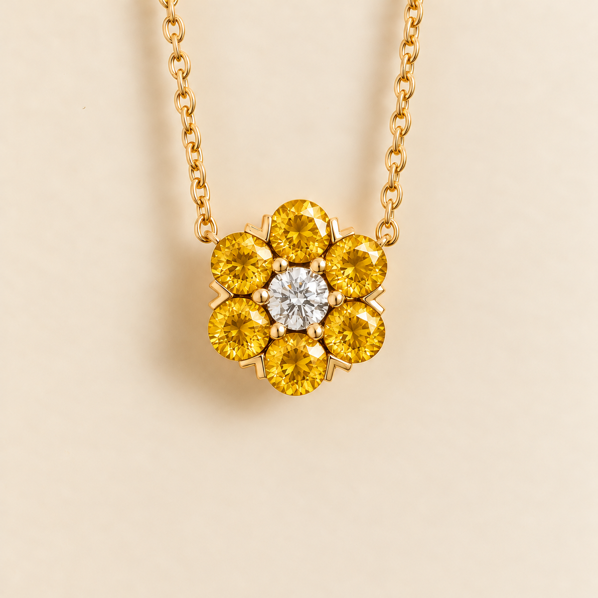 Cinq Yellow Sapphire & Diamond Flower Pendant Necklace in Gold