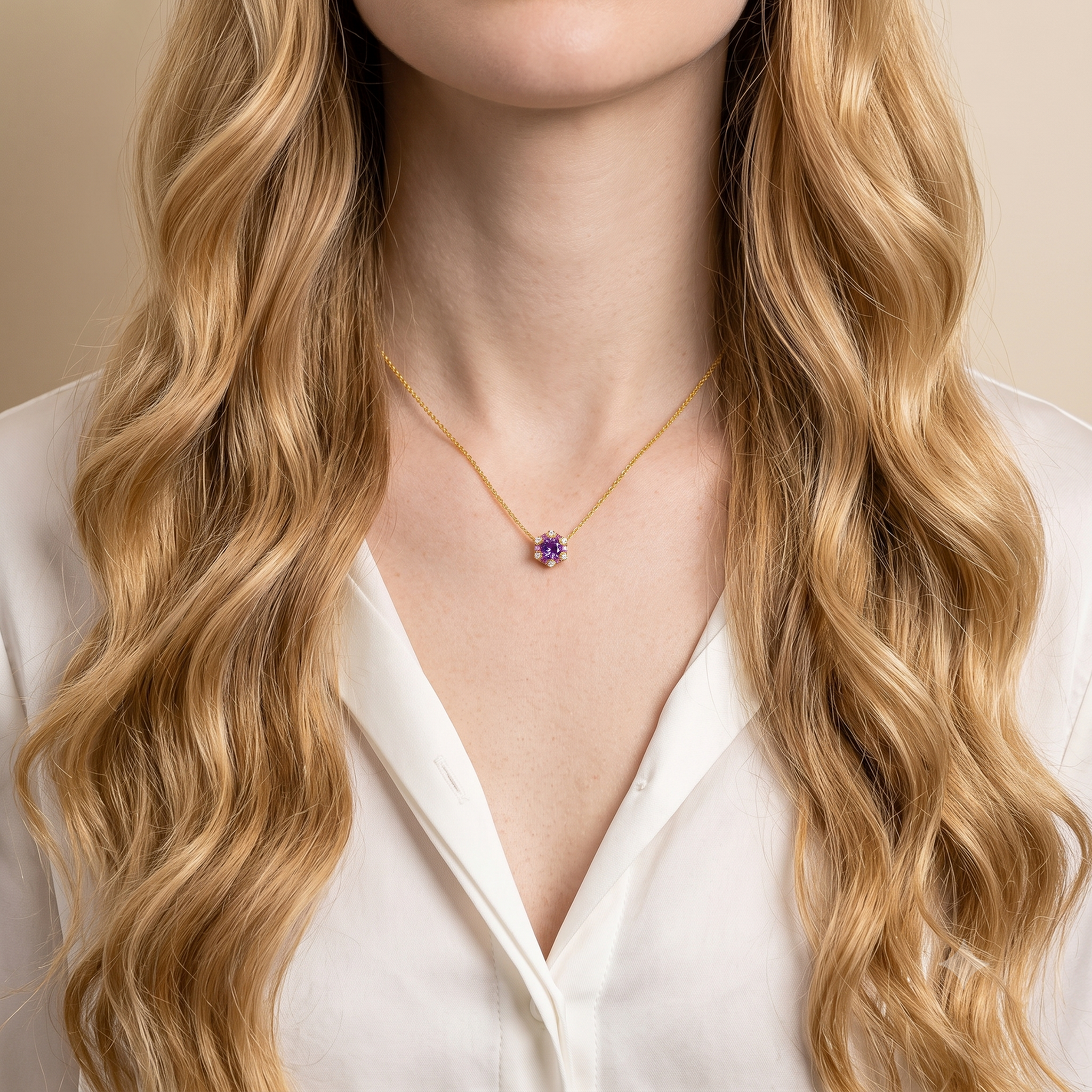 Melba Purple Sapphire, Pink Sapphire & Diamond Halo Hexagon Pendant Necklace In Gold