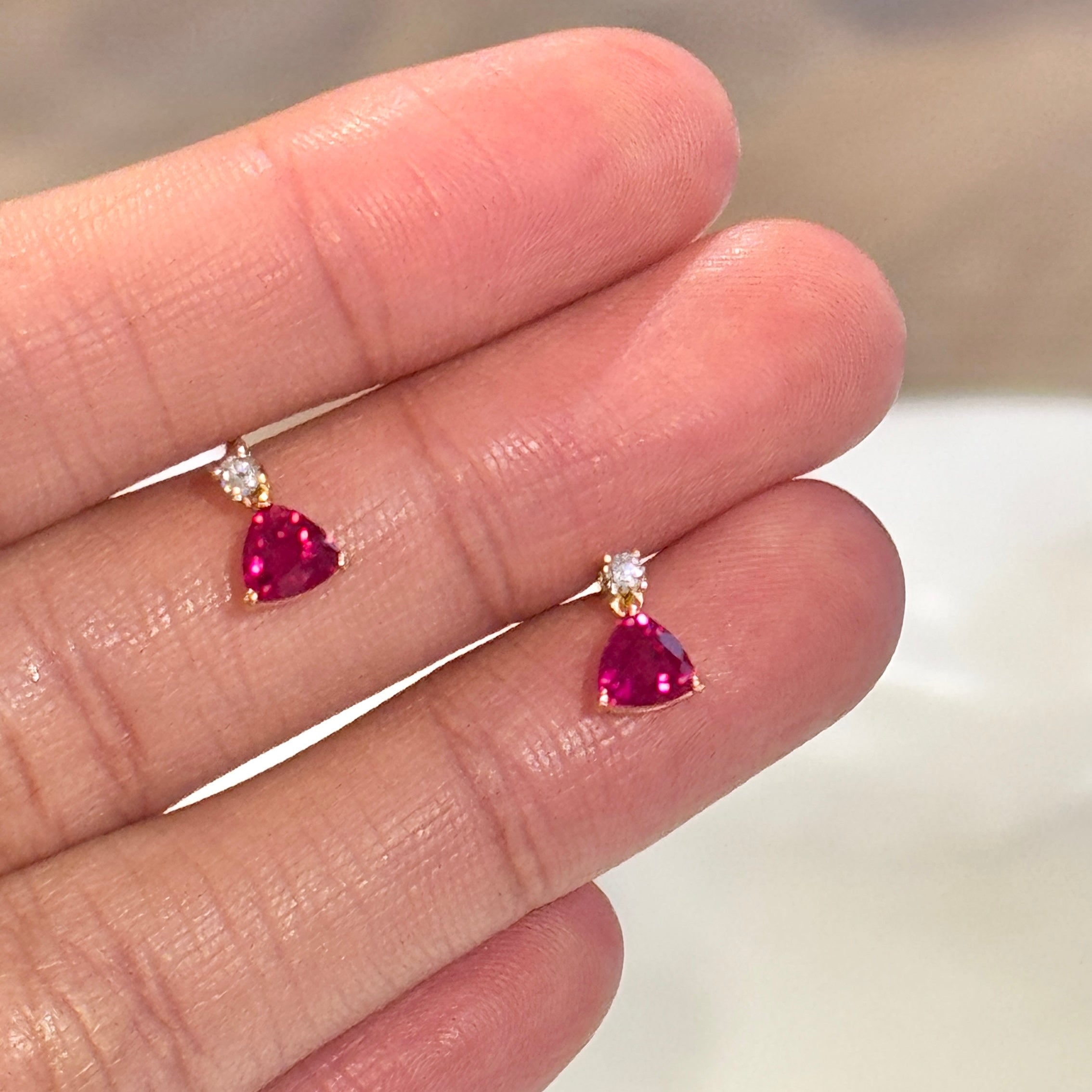 Trillion Ruby & Diamond Drop Earrings in Gold