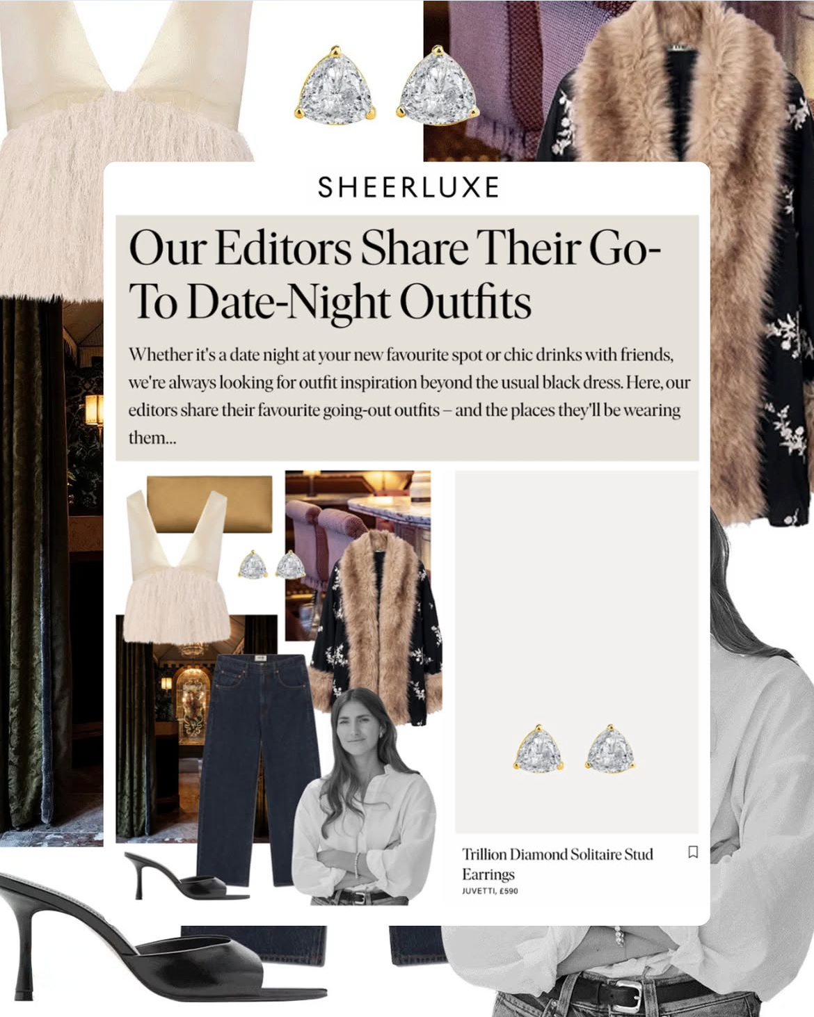 SheerLuxe feature Our Editors Share Their Go-To Date-Night Outfits, featuring Juvetti Trillion Diamond Solitaire Stud Earrings