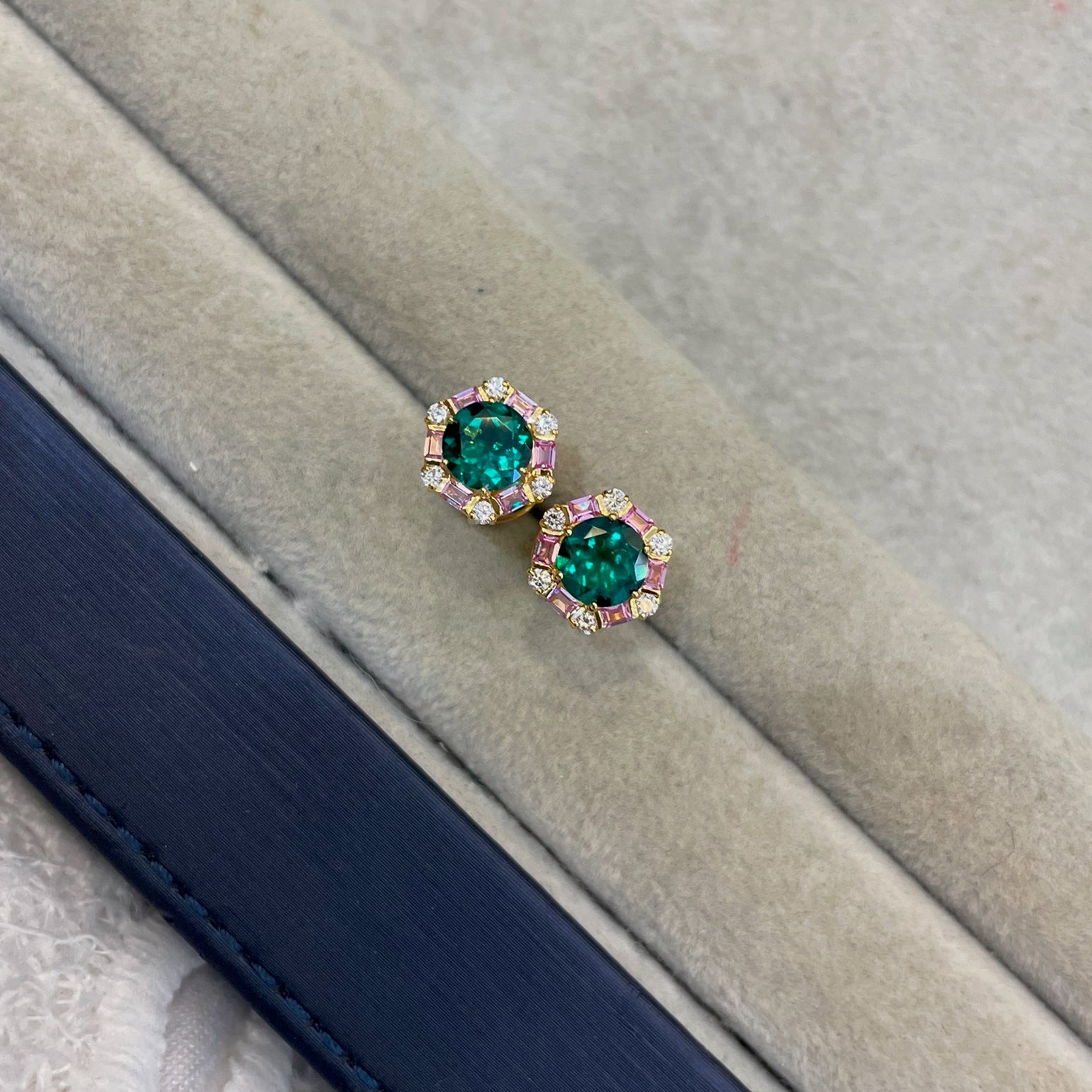 Melba Emerald, Pink Sapphire & Diamond Halo Hexagon Stud Earrings in White Gold