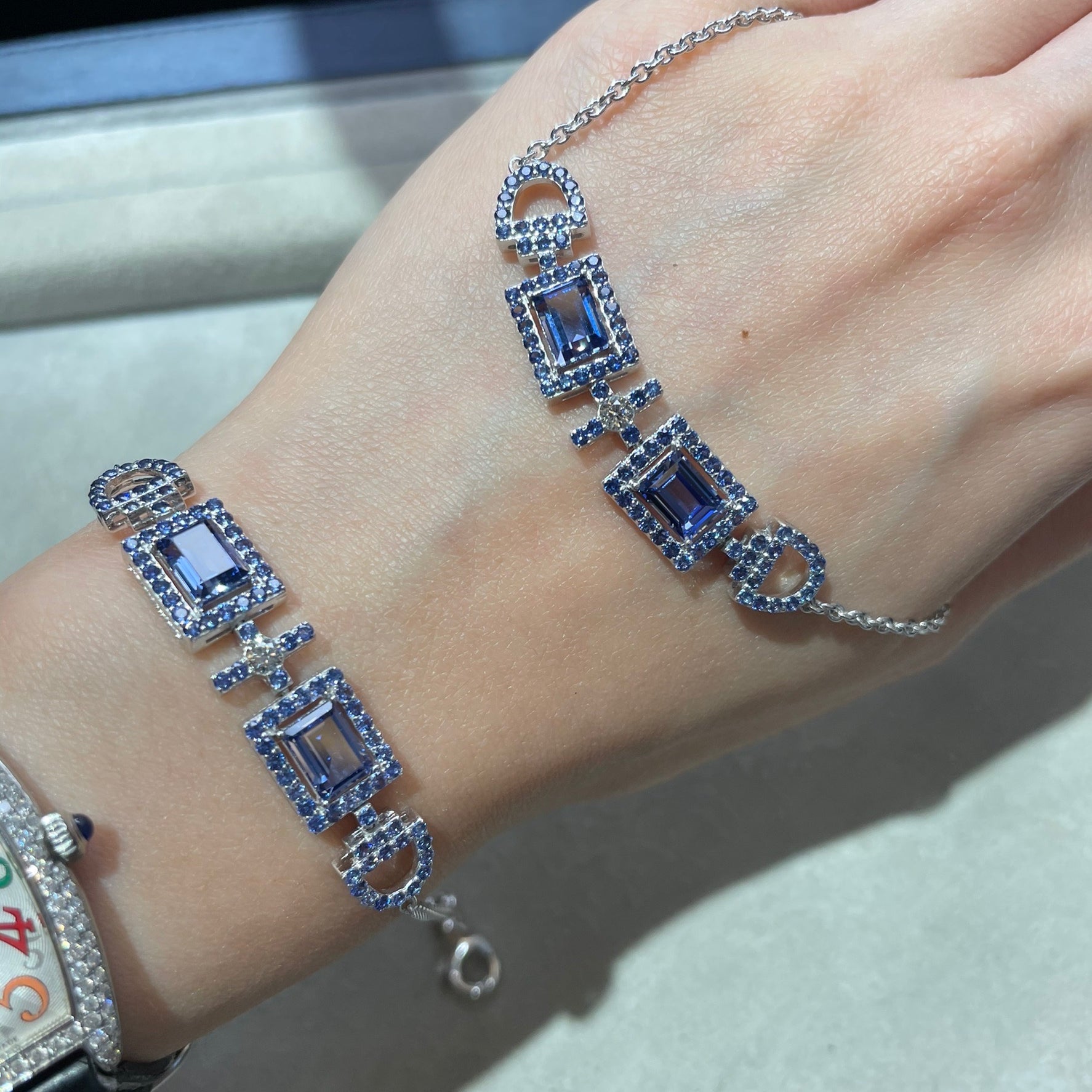 Ciceris Blue Sapphire & Diamond Rectangle Halo Statement White Gold Bracelet