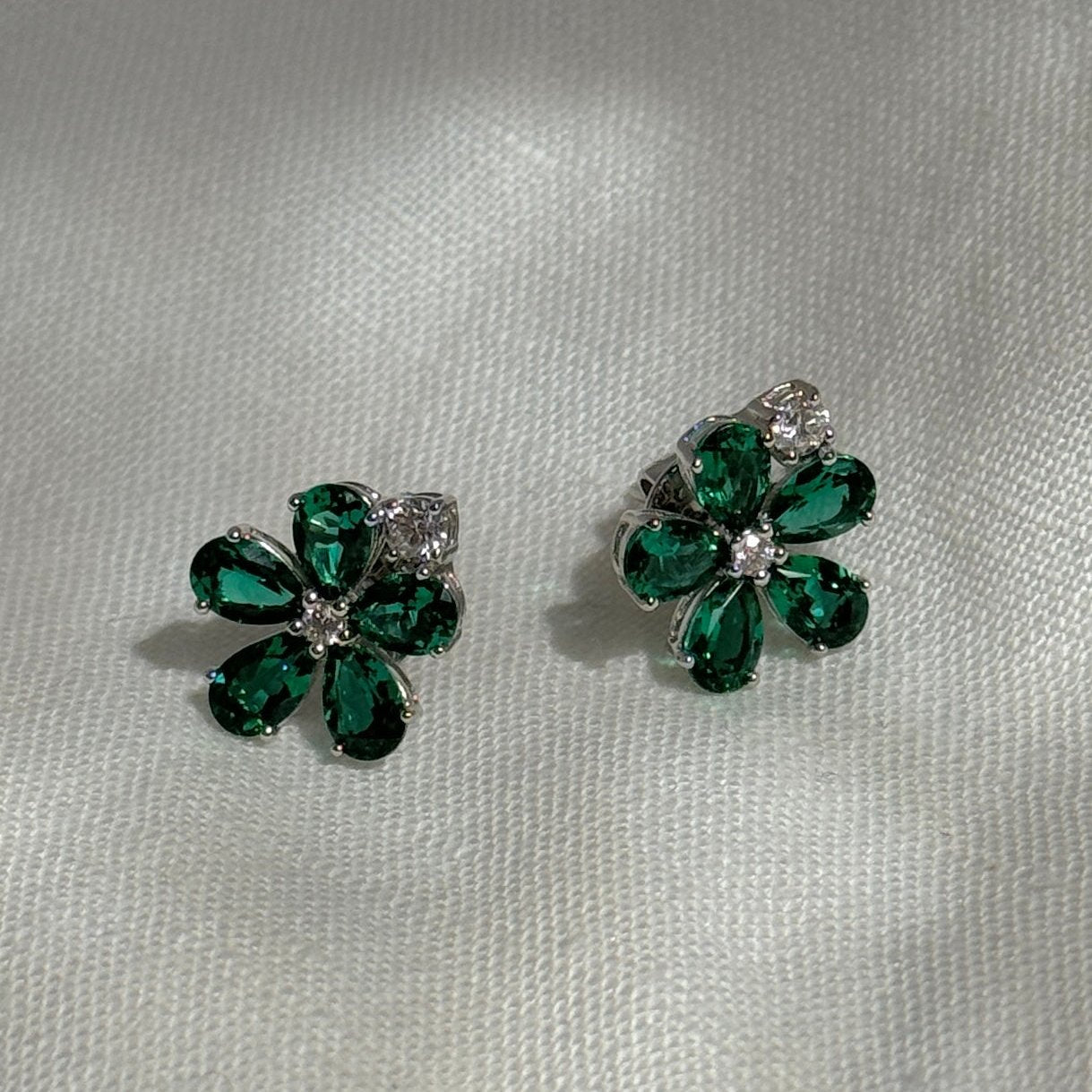 Florea Emerald & Diamond Flower Stud Earrings in White Gold