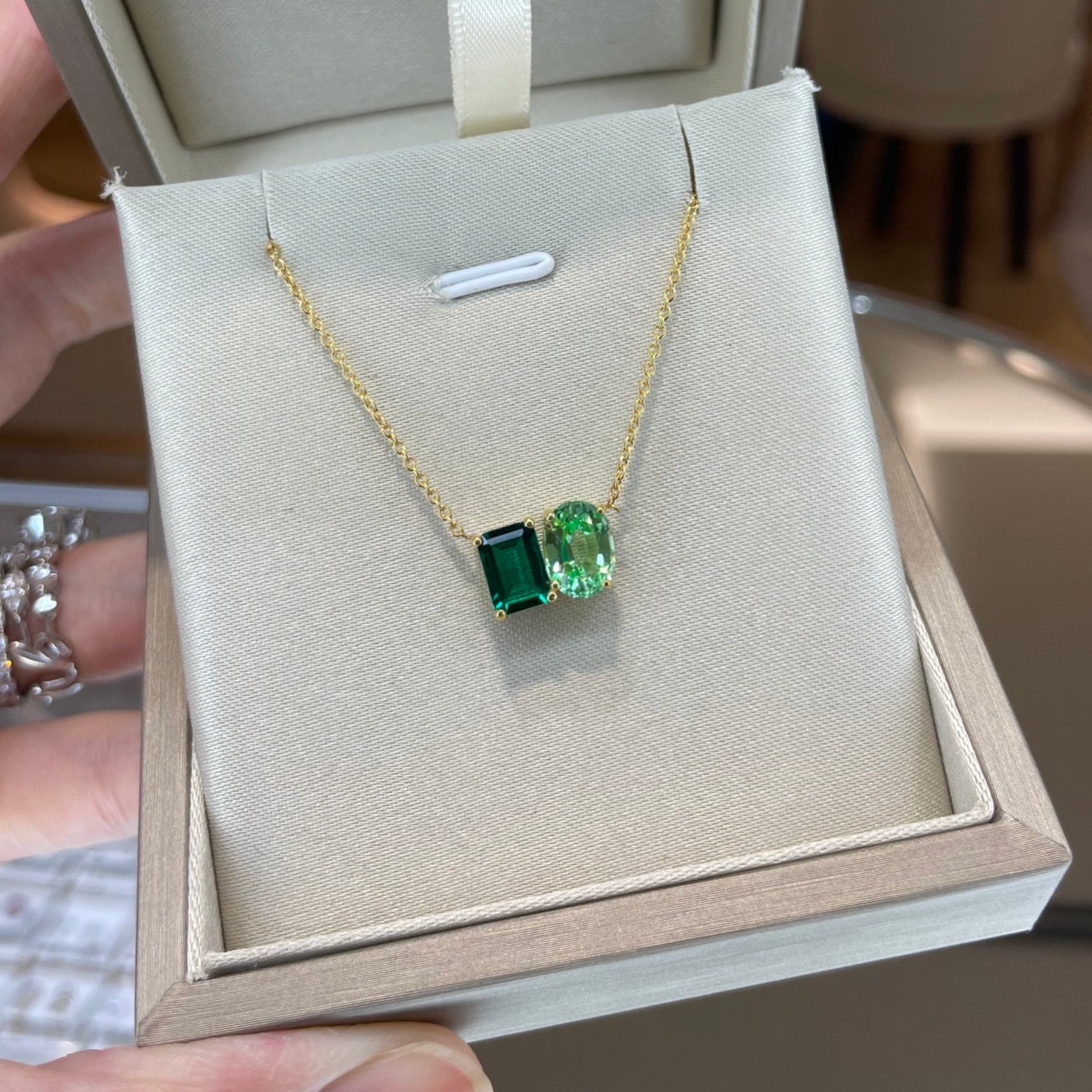 Buchon Emerald & Green Sapphire Two-Stone Pendant White Gold Necklace