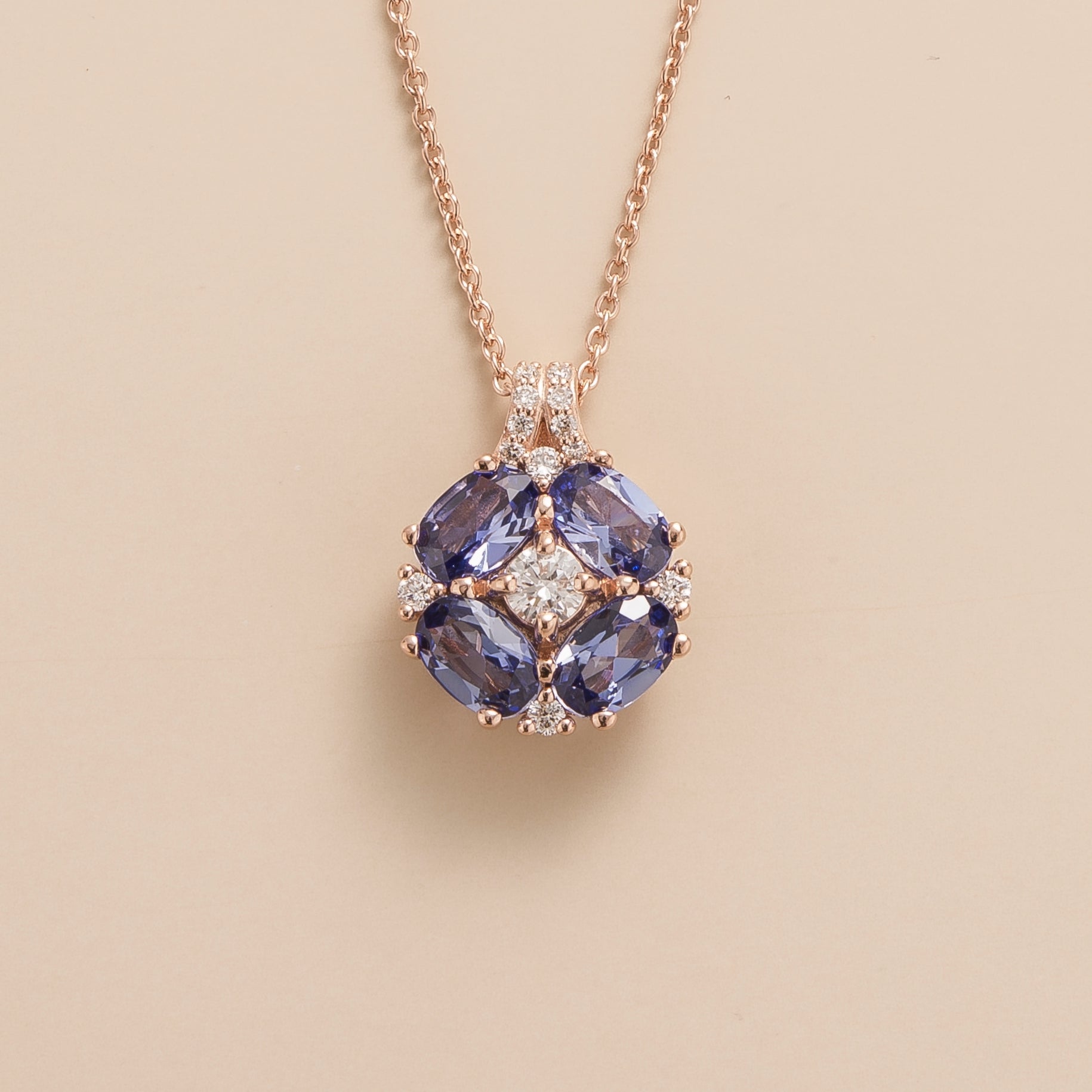Juvetti Bespoke Jewellery London Pristi Rose Gold Necklace Diamonds and Pastel Blue Sapphire