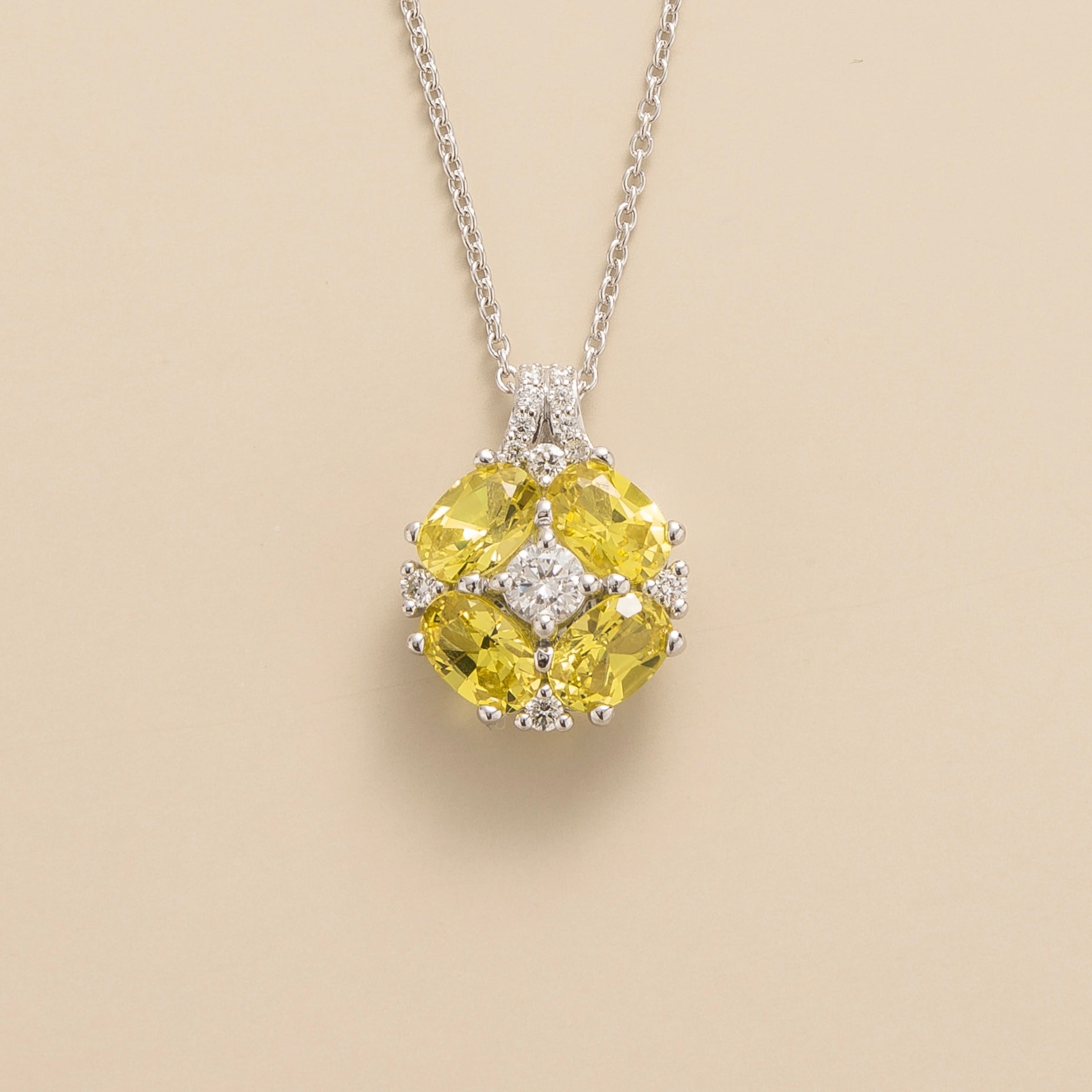 Juvetti Bespoke Jewellery London Pristi White Gold Necklace Diamond and Yellow Sapphire
